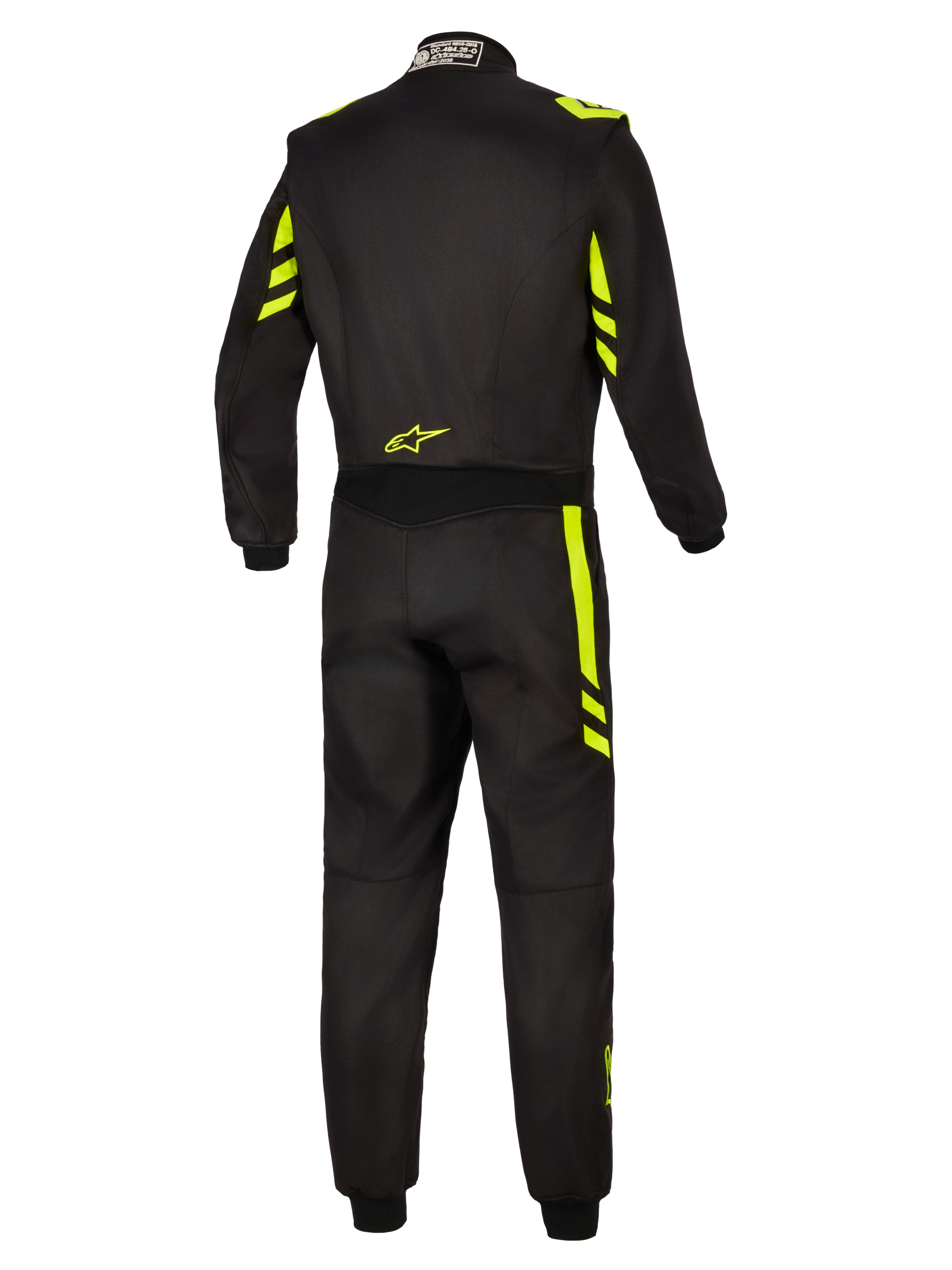 Alpinestars GP Race V3 Suit FIA, fato de automobilismo, preto e amarelo fluorescente, vista traseira mostrando pormenores em amarelo fluorescente nos ombros e pernas, pequeno logótipo amarelo na parte inferior das costas e etiqueta de certificação FIA na gola.