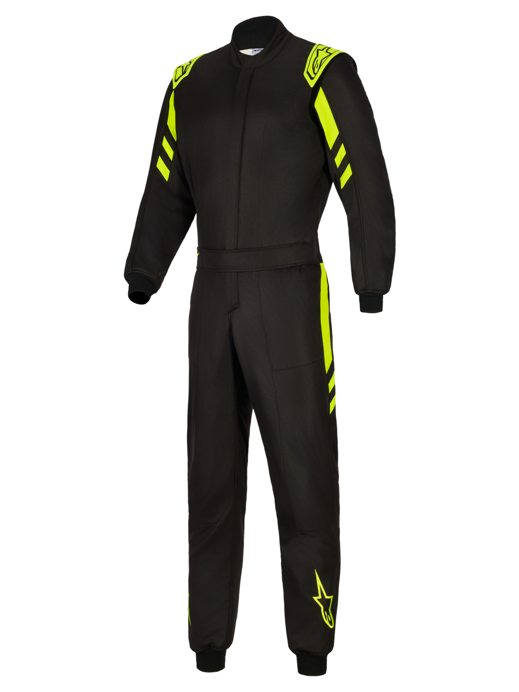 Fato Alpinestars GP Race V3 FIA, fato de automobilismo, preto e amarelo néon, vista frontal de corpo inteiro com detalhes em amarelo néon nos ombros, braços e pernas, fato de corrida profissional resistente ao fogo com logótipos Alpinestars