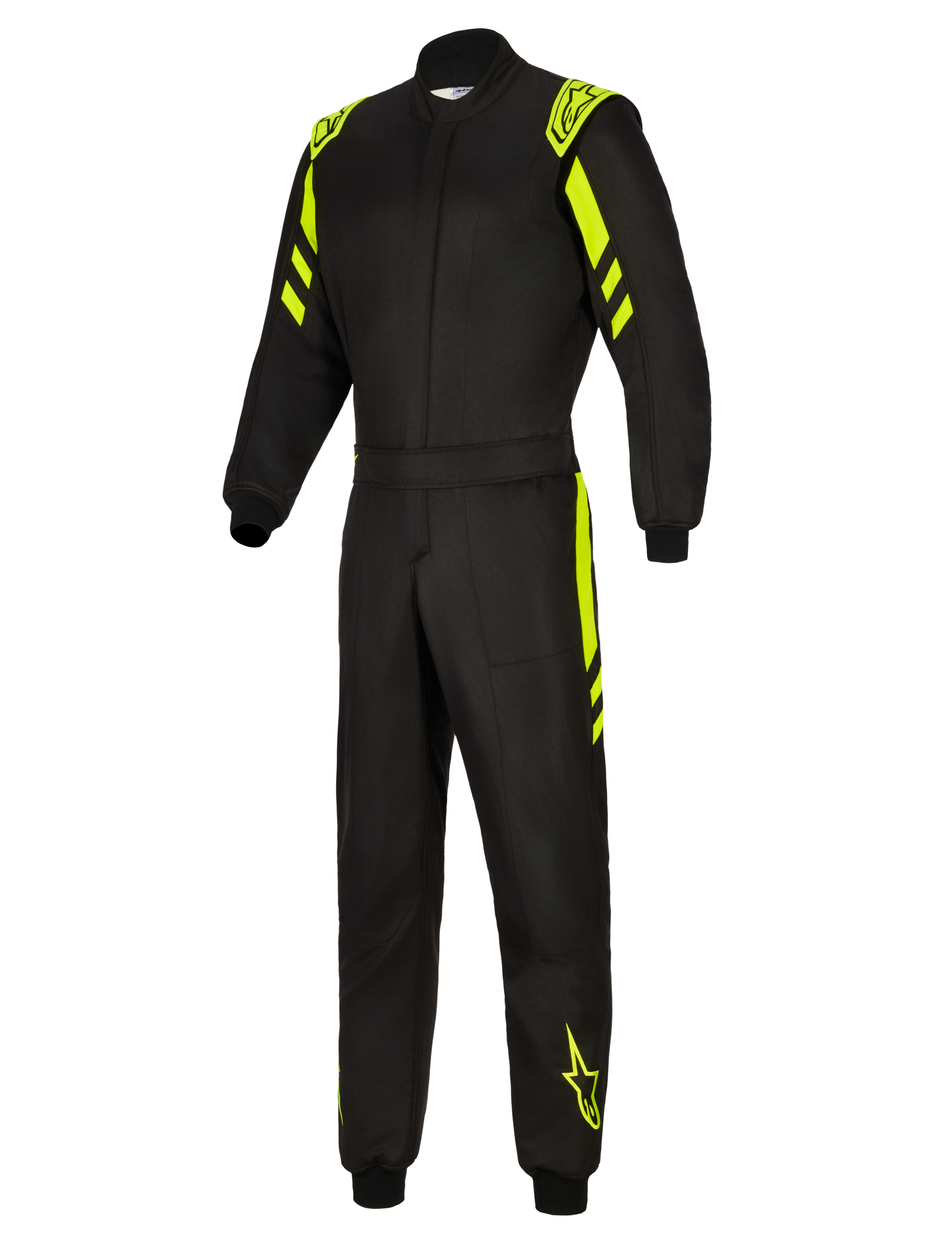 Fato Alpinestars GP Race V3 FIA, fato de automobilismo, preto e amarelo néon, vista frontal de corpo inteiro com detalhes em amarelo néon nos ombros, braços e pernas, fato de corrida profissional resistente ao fogo com logótipos Alpinestars