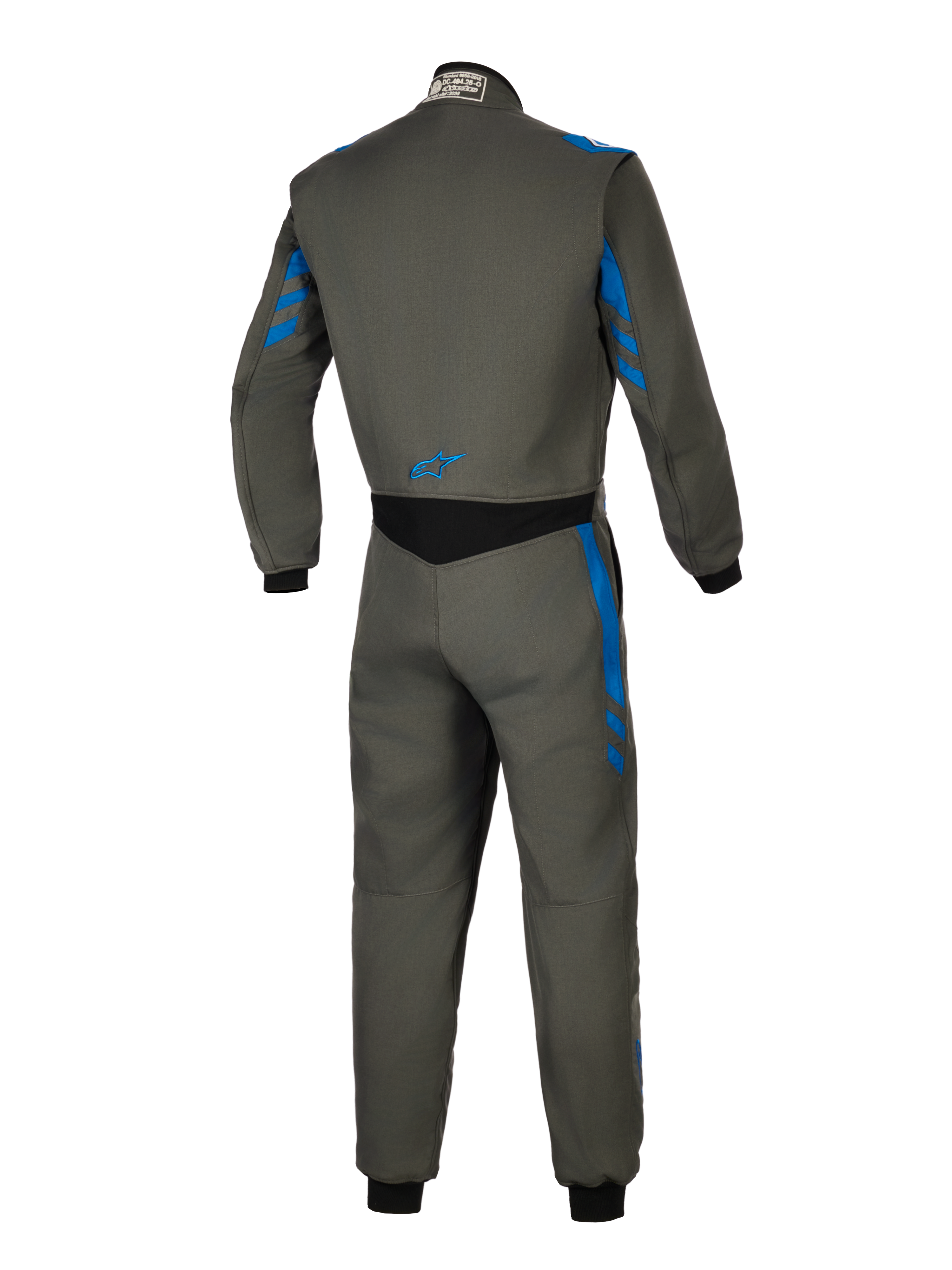 Alpinestars GP Race V3 Suit FIA, Auto Racing Suit, Anthracite Blue, back view showing grey textile construction with blue stripe accents, black stretch panel on the lower back, and small blue logo, professional motorsport safety gear