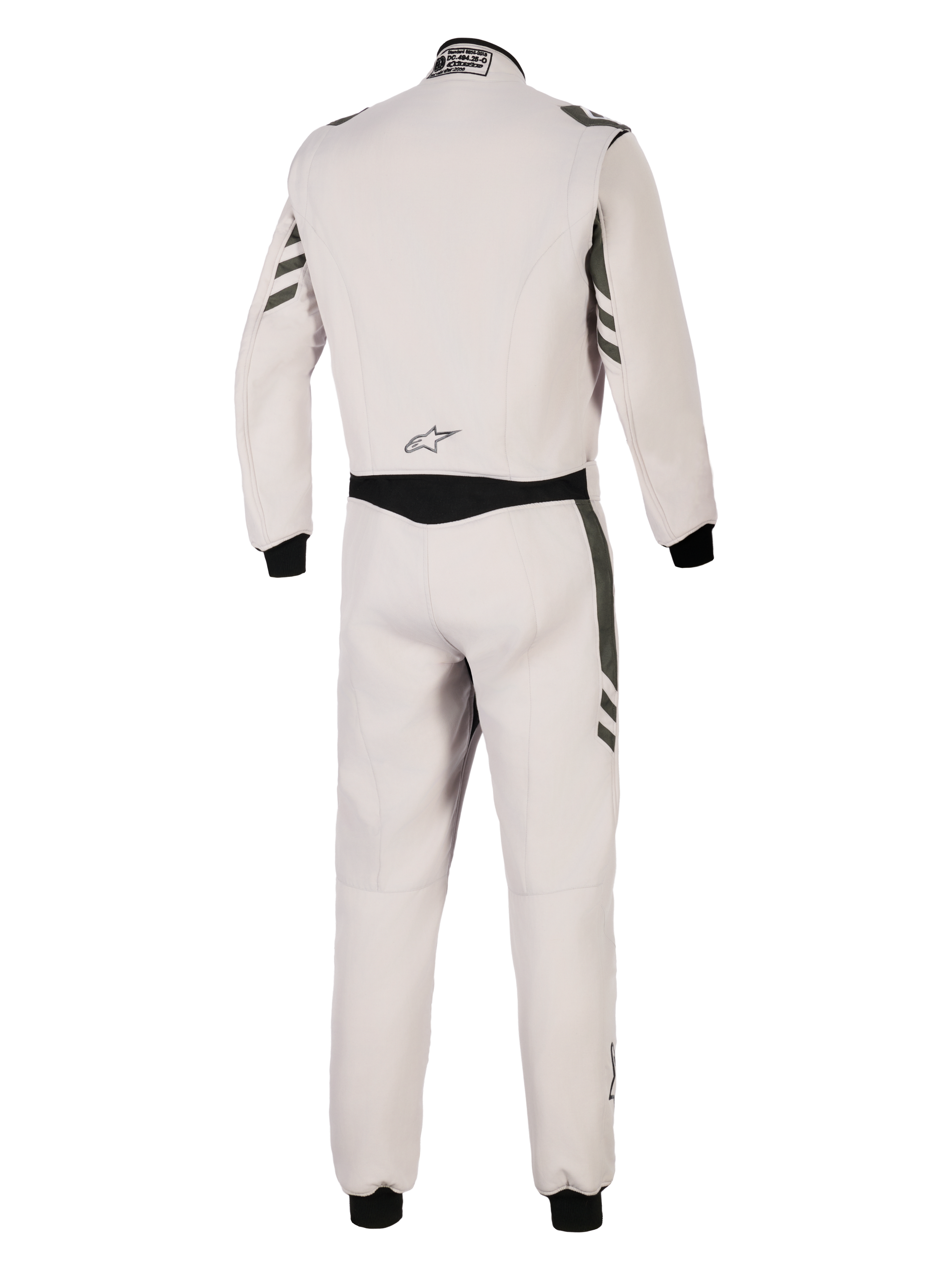 Alpinestars GP Race V3 Suit FIA, vista traseira de macacão de automobilismo de uma peça em cinzento prateado e antracite, corpo cinzento claro com detalhes em antracite escuro nas mangas e pernas, punhos canelados pretos, equipamento de proteção profissional para desportos motorizados