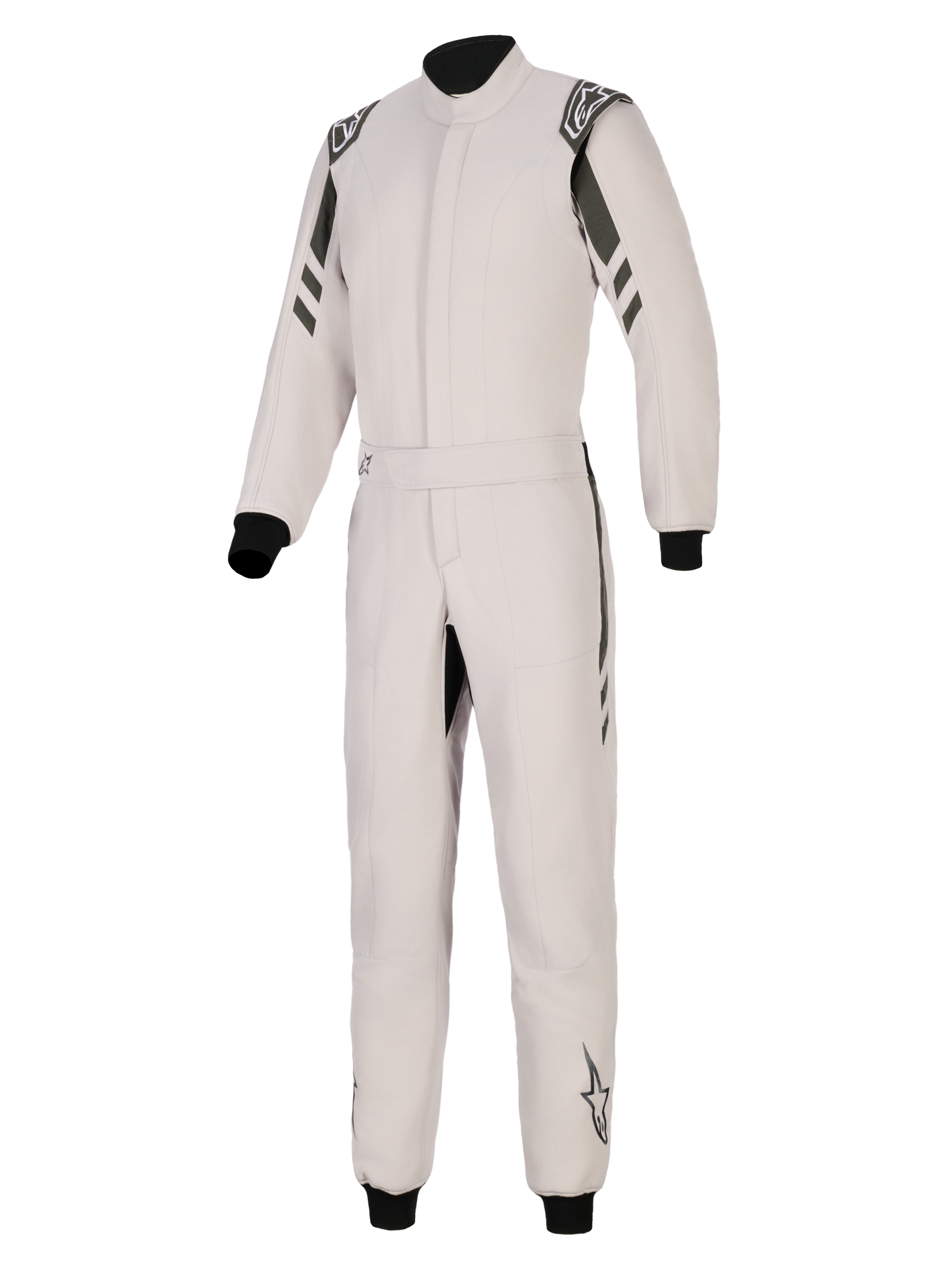 Alpinestars GP Race V3 Suit FIA, fato de automobilismo, prata antracite, design de peça única com pormenores em antracite escuro nos ombros e pernas, inclui cintura com cinto, punhos canelados pretos nos pulsos e tornozelos, e logótipos Alpinestars nas ombreiras e parte inferior das pernas
