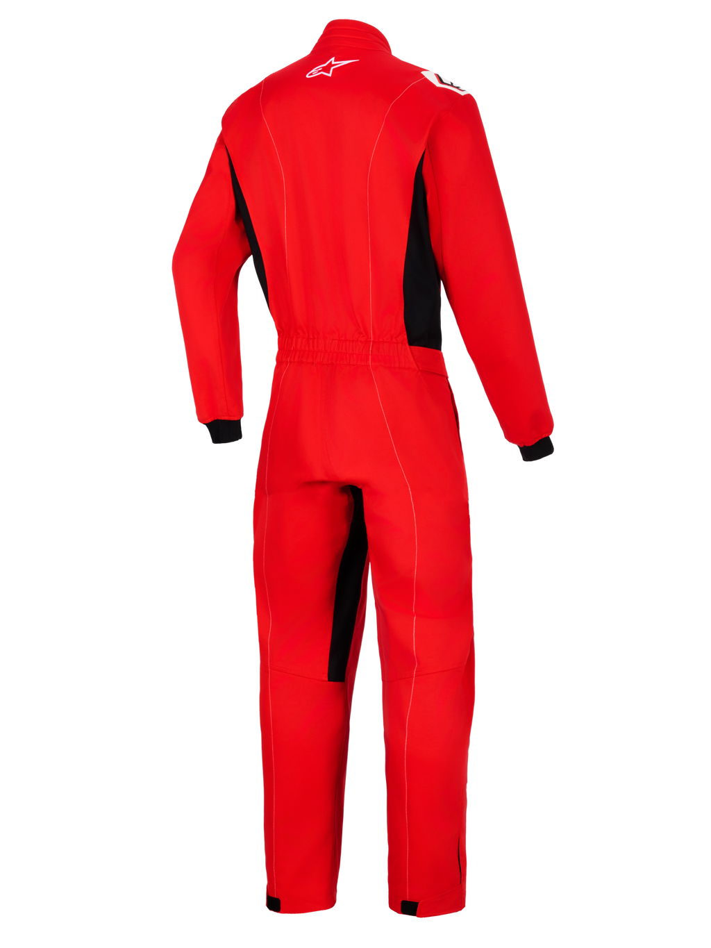 Alpinestars Kart Indoor V2 Suit, vermelho, vista traseira de macacão de kart de uma peça com painéis laterais pretos e detalhes no interior da perna, apresentando um logótipo Astars branco na gola posterior e cintura elástica