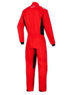 Alpinestars Kart Indoor V2 Suit, vermelho, vista traseira de macacão de kart de uma peça com painéis laterais pretos e detalhes no interior da perna, apresentando um logótipo Astars branco na gola posterior e cintura elástica