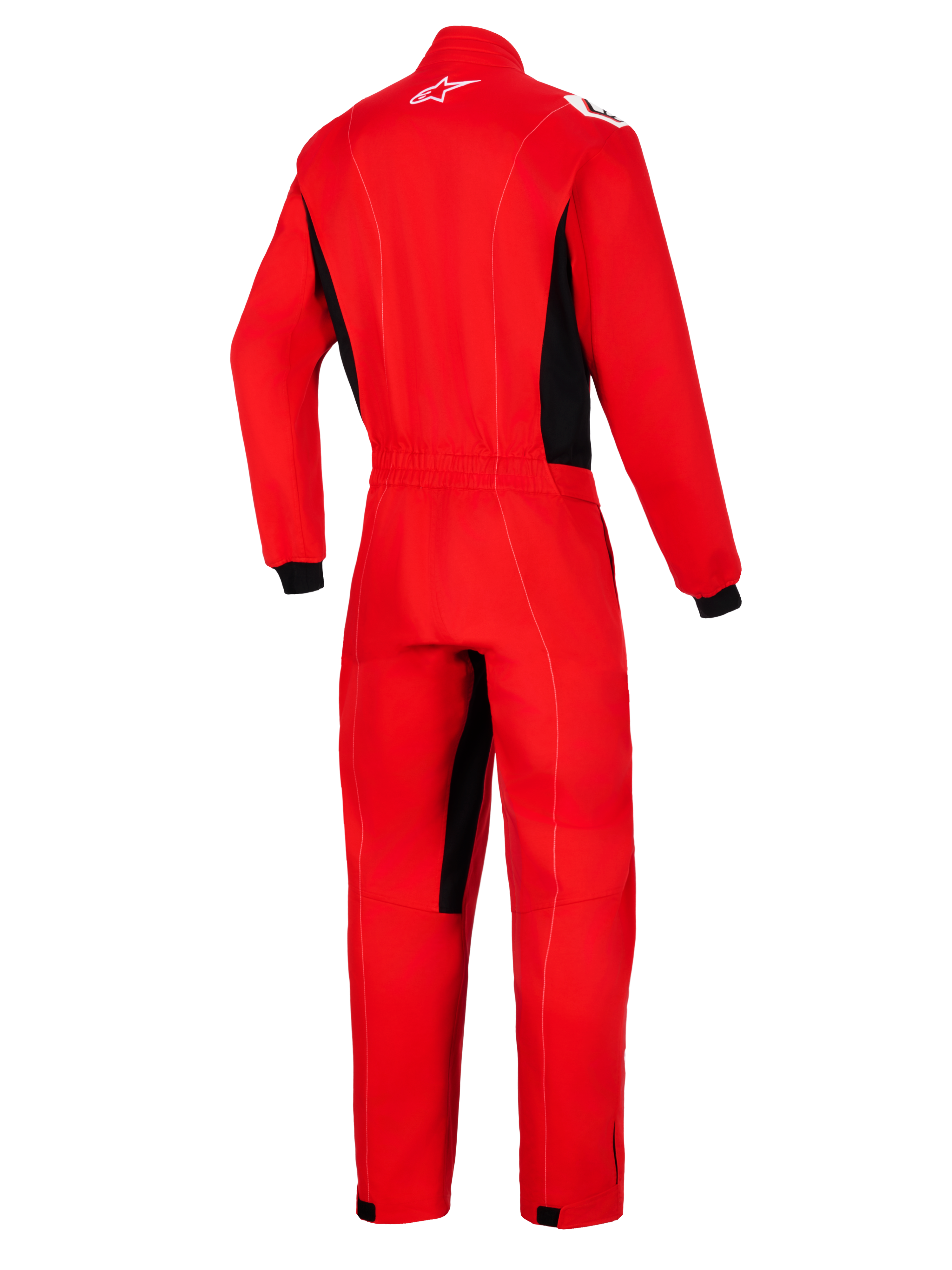 Alpinestars Kart Indoor V2 Suit, vermelho, vista traseira de macacão de kart de uma peça com painéis laterais pretos e detalhes no interior da perna, apresentando um logótipo Astars branco na gola posterior e cintura elástica