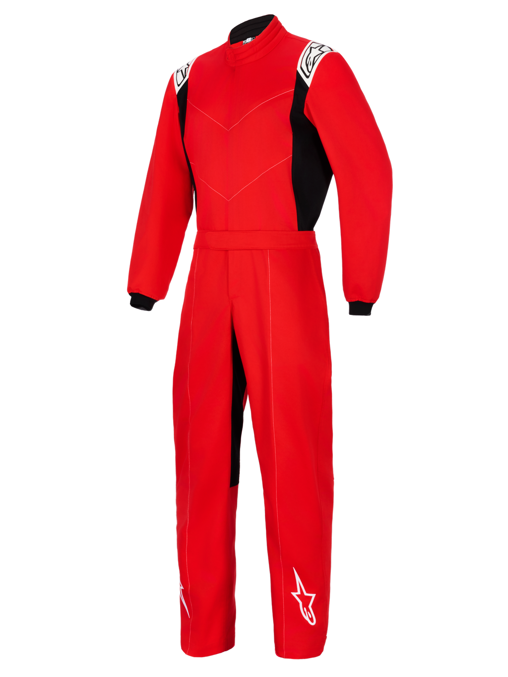 Alpinestars Kart Indoor V2 Suit, fato de karting de uma peça vermelho com painéis laterais pretos, logótipos brancos nos ombros e na parte inferior da perna, com gola alta e cinto elástico na cintura, concebido para corridas de karting recreativas