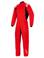 Alpinestars Kart Indoor V2 Suit, fato de karting de uma peça vermelho com painéis laterais pretos, logótipos brancos nos ombros e na parte inferior da perna, com gola alta e cinto elástico na cintura, concebido para corridas de karting recreativas