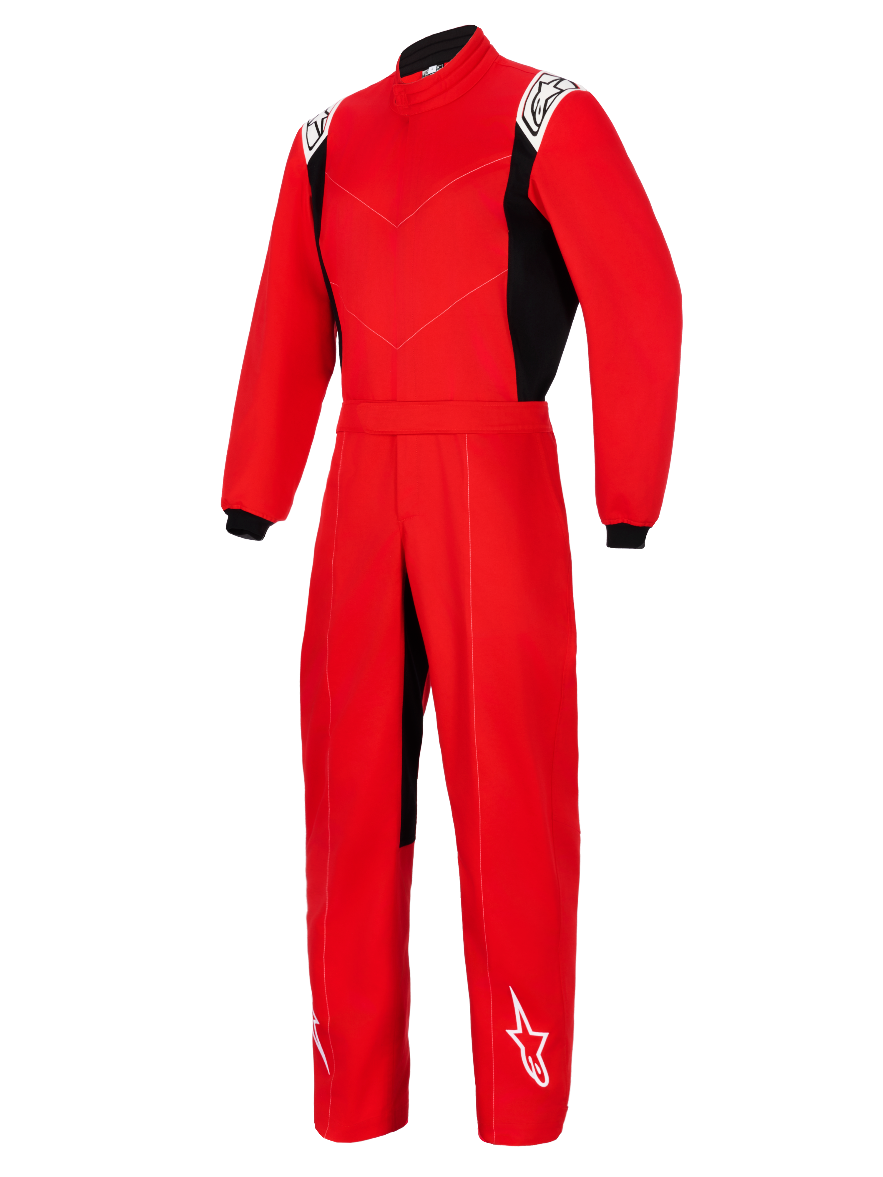Alpinestars Kart Indoor V2 Suit, fato de karting de uma peça vermelho com painéis laterais pretos, logótipos brancos nos ombros e na parte inferior da perna, com gola alta e cinto elástico na cintura, concebido para corridas de karting recreativas