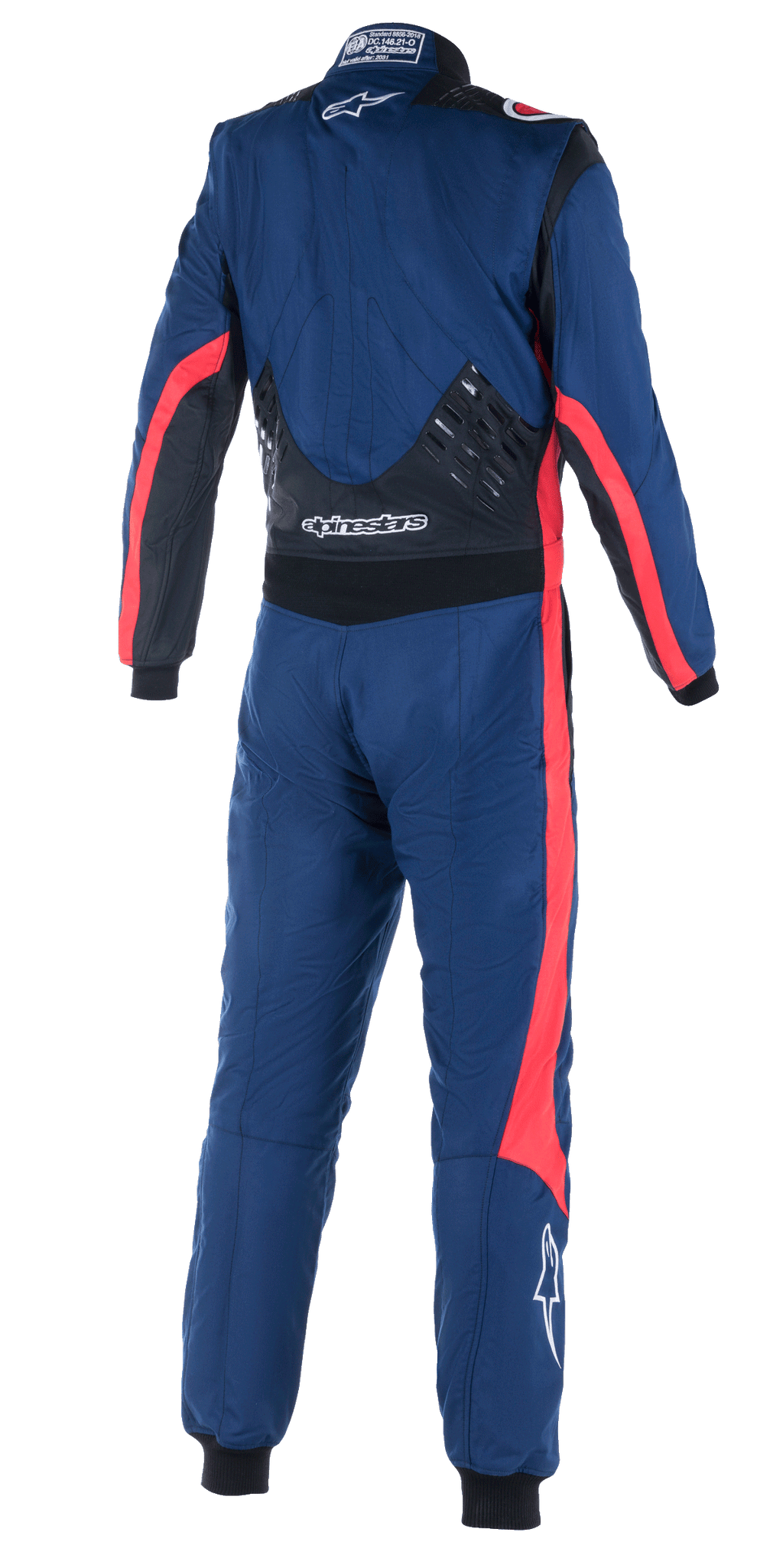Macacão Alpinestars GP Pro Comp V2 FIA, vista traseira de macacão de automobilismo de uma só peça, azul-marinho com detalhes em preto e vermelho, painéis de aderência de silicone na parte inferior das costas, riscas de corrida vermelhas nas mangas e pernas, logótipo Alpinestars em branco, equipamento de performance profissional