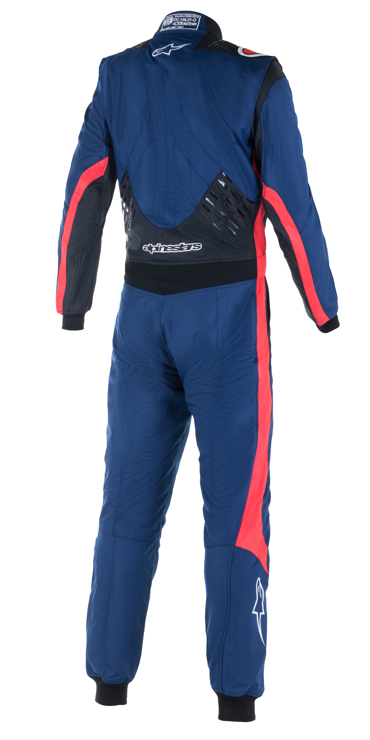 Macacão Alpinestars GP Pro Comp V2 FIA, vista traseira de macacão de automobilismo de uma só peça, azul-marinho com detalhes em preto e vermelho, painéis de aderência de silicone na parte inferior das costas, riscas de corrida vermelhas nas mangas e pernas, logótipo Alpinestars em branco, equipamento de performance profissional