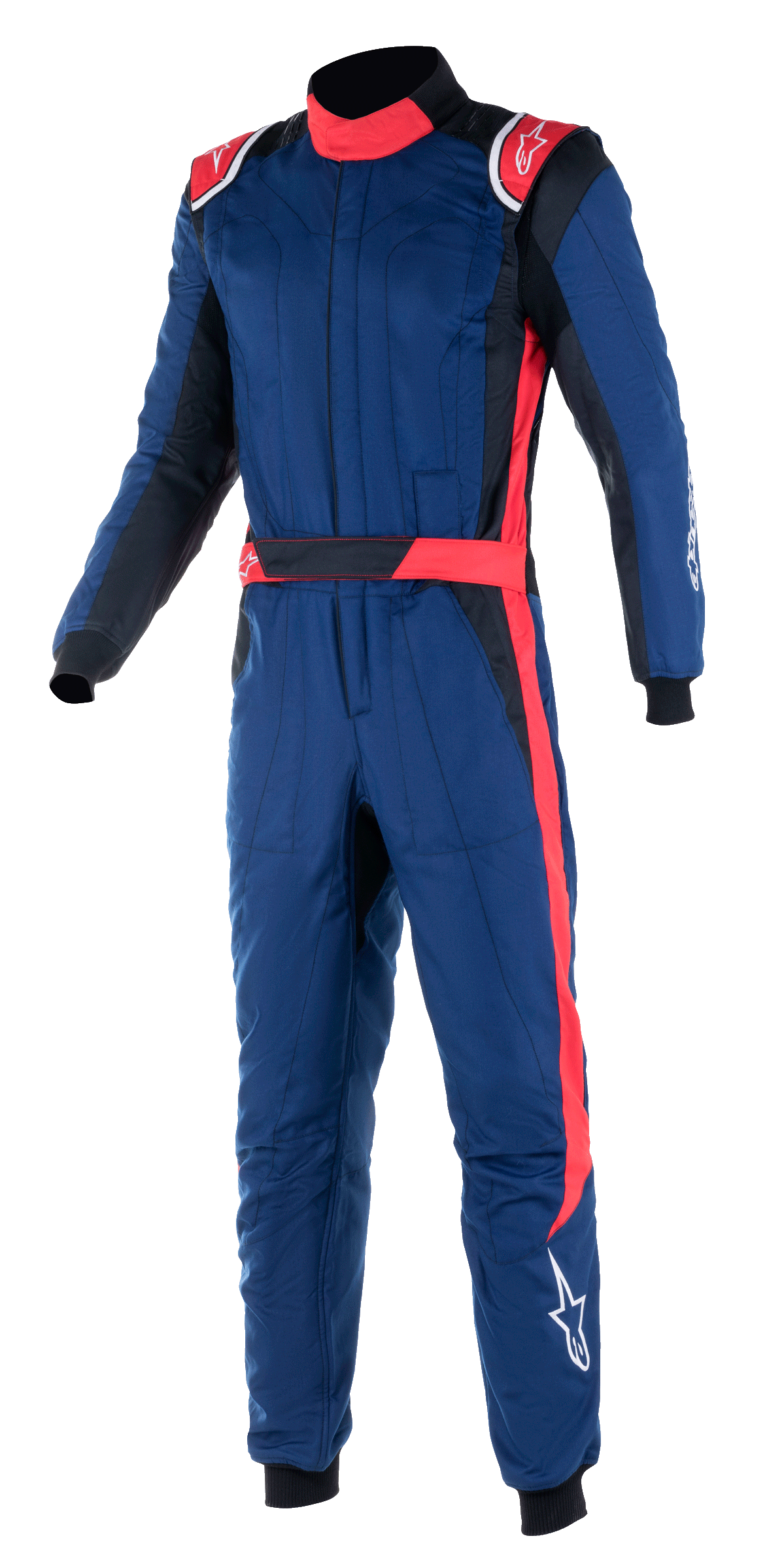 Alpinestars GP Pro Comp V2 FIA Suit, fato de corrida automóvel profissional de uma peça, azul-marinho com detalhes em vermelho e preto, com ombreiras vermelhas, colarinho alto e uma risca vermelha ao longo da perna, equipamento de proteção para desportos motorizados