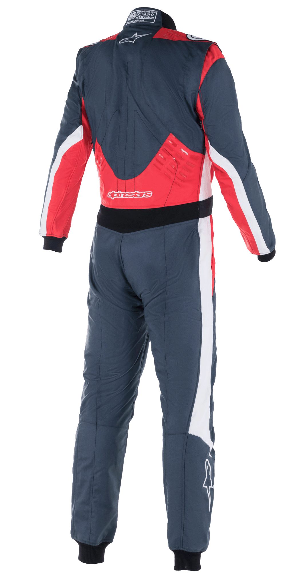 Macacão Alpinestars GP Pro Comp V2 FIA, fato de automobilismo, asfalto, vermelho e branco, vista traseira com painéis vermelhos na zona lombar e nos ombros, detalhes brancos nas laterais e logótipo Alpinestars