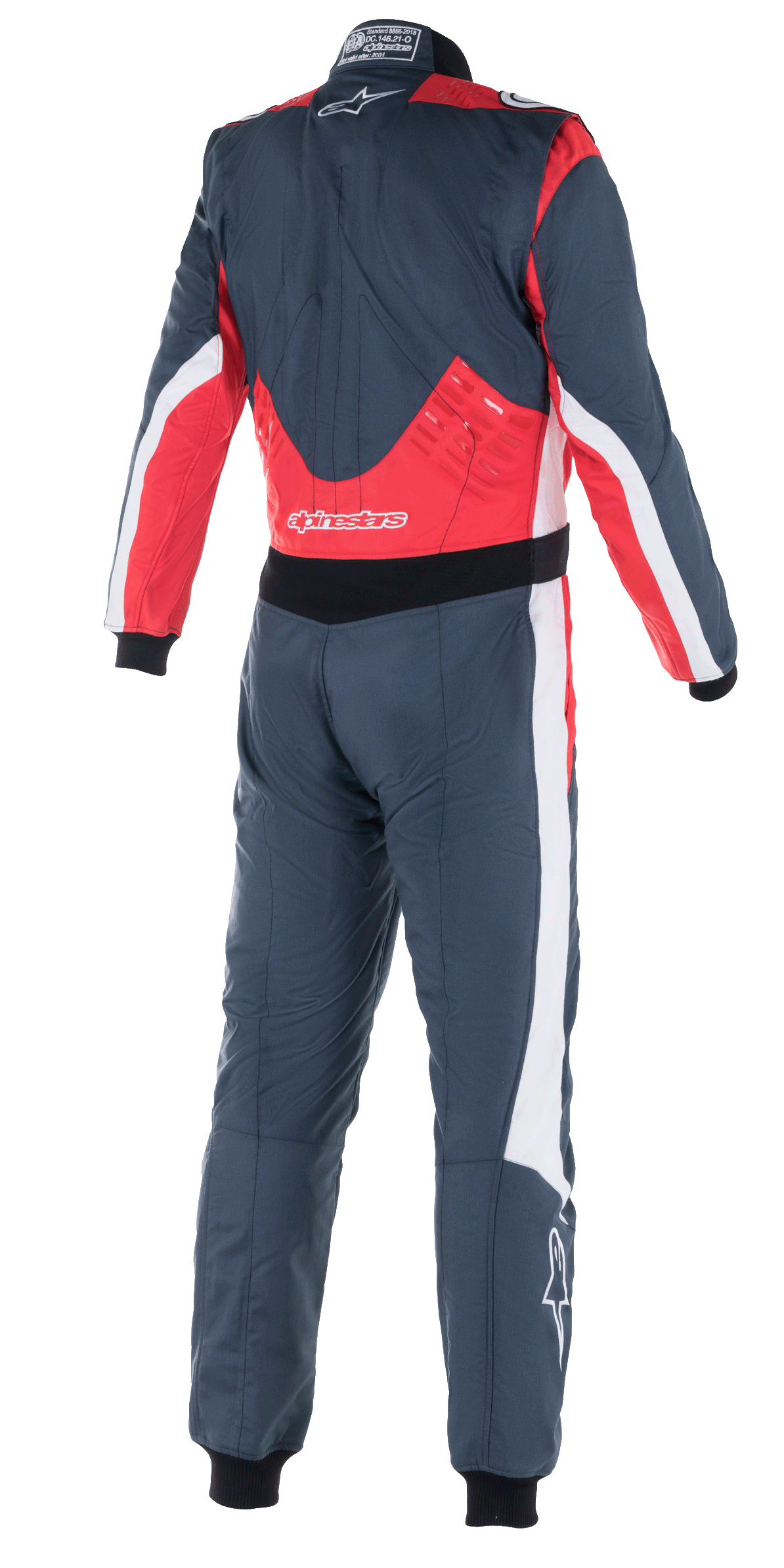 Macacão Alpinestars GP Pro Comp V2 FIA, fato de automobilismo, asfalto, vermelho e branco, vista traseira com painéis vermelhos na zona lombar e nos ombros, detalhes brancos nas laterais e logótipo Alpinestars