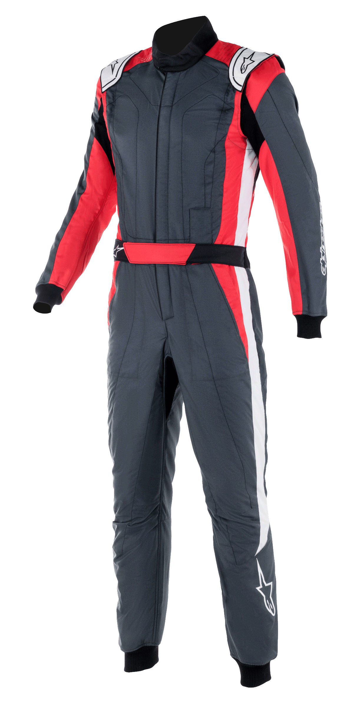 Alpinestars GP Pro Comp V2 FIA Suit, fato de corrida automóvel, cinzento asfalto com detalhes em vermelho e branco, gola alta, cinto integrado vermelho e listas laterais brancas, equipamento de proteção profissional para automobilismo