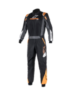 Alpinestars Atom Graphic Suit, One-Piece FIA Auto Racing Suit in Black Anthracite and Fluo Orange, front view showing flame-resistant aramidic construction, belted waist, and ASTARS branding.