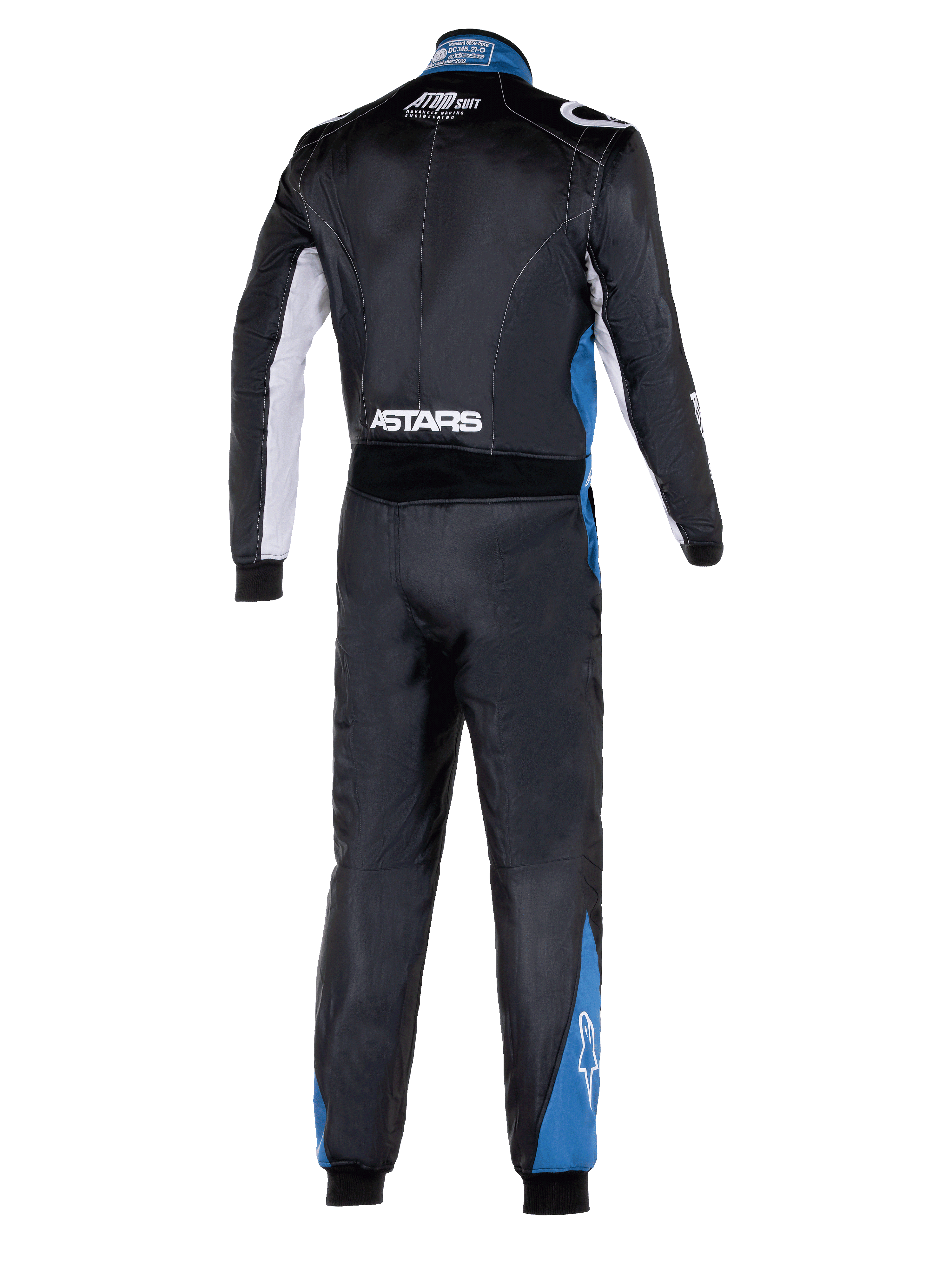 Macacão Alpinestars Atom Graphic 4, vista traseira de corpo inteiro de macacão de automobilismo, preto com detalhes prateados e azuis, logótipo ASTARS branco na cintura e painéis azuis nas pernas, vestuário de proteção profissional para desportos motorizados com certificação FIA