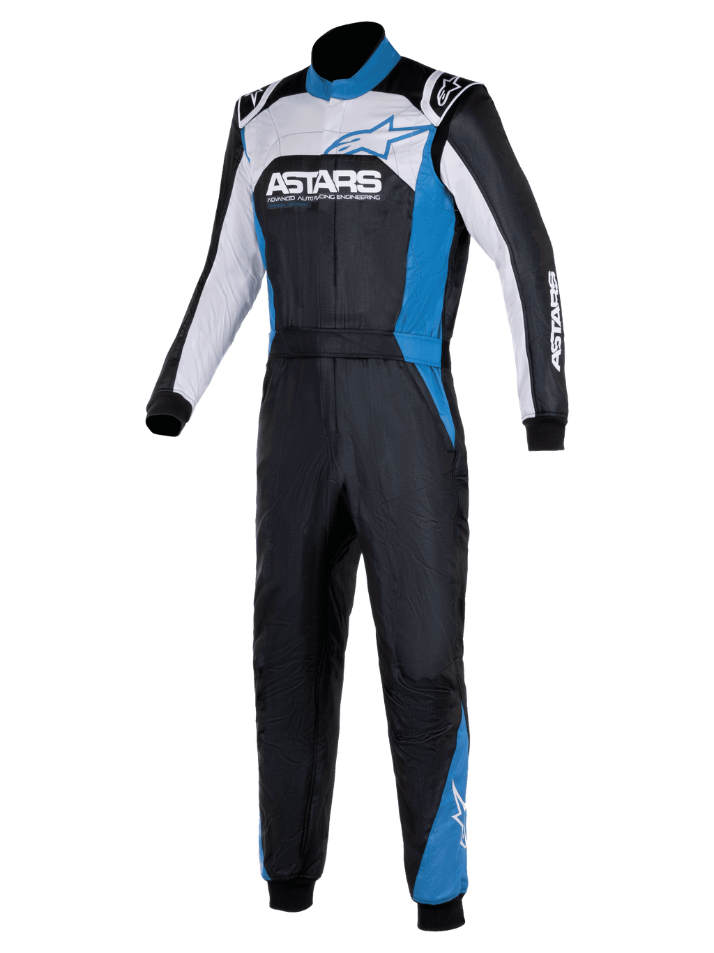 Alpinestars Atom Graphic 4 Suit, fato de corrida de uma peça, preto, prateado e azul, com marca ASTARS em destaque no peito, painéis brancos e azuis, gola alta e punhos canelados, vestuário de proteção profissional para desportos motorizados