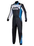 Alpinestars Atom Graphic 4 Suit, fato de corrida de uma peça, preto, prateado e azul, com marca ASTARS em destaque no peito, painéis brancos e azuis, gola alta e punhos canelados, vestuário de proteção profissional para desportos motorizados