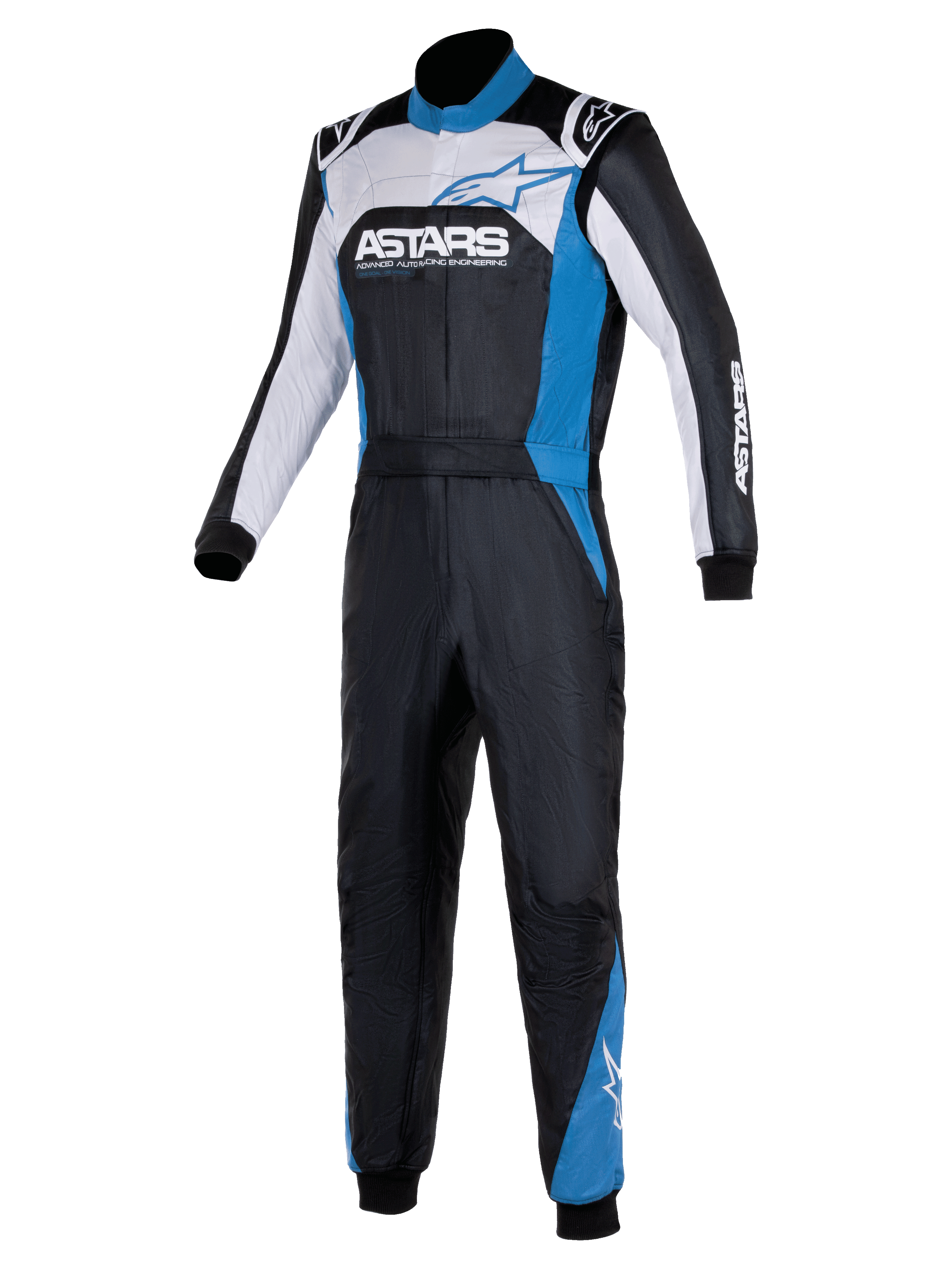 Alpinestars Atom Graphic 4 Suit, fato de corrida de uma peça, preto, prateado e azul, com marca ASTARS em destaque no peito, painéis brancos e azuis, gola alta e punhos canelados, vestuário de proteção profissional para desportos motorizados