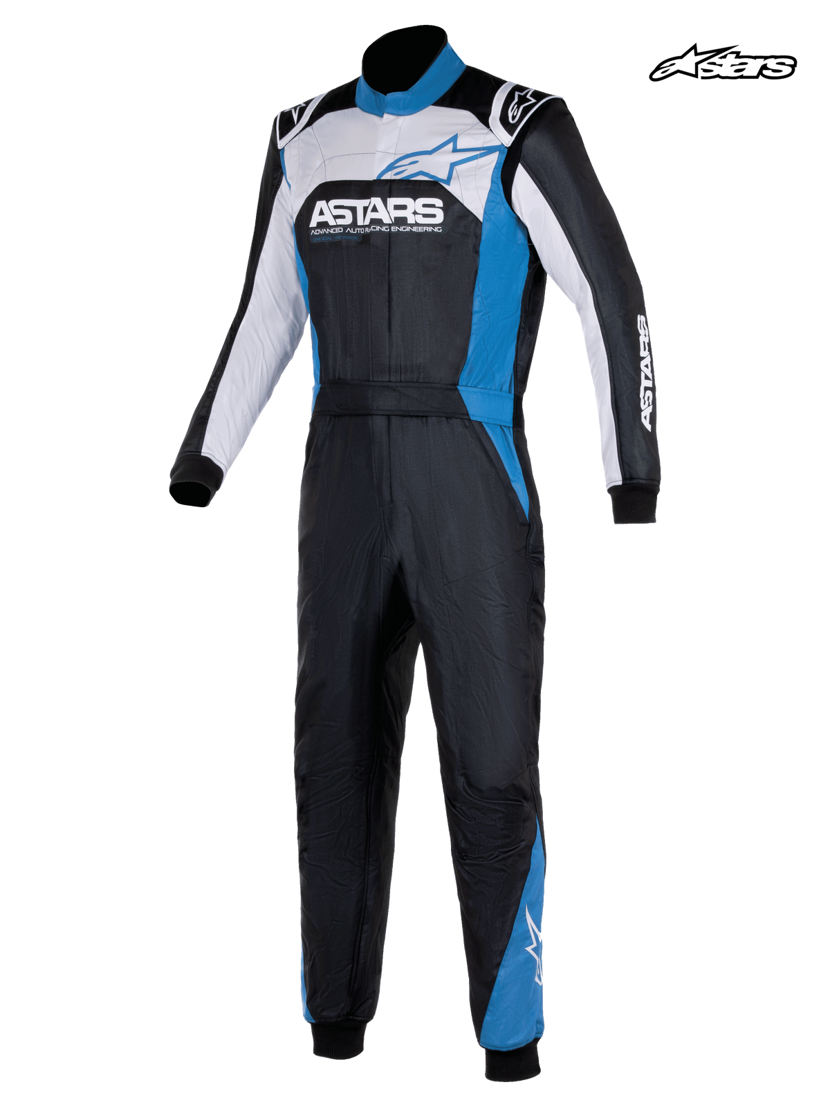 Macacão Alpinestars Atom Graphic 4, macacão de corrida para homem em preto, prateado e azul, vista frontal a mostrar construção em aramida de duas camadas e certificação FIA 8856-2018
