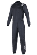 Alpinestars Atom FIA Suit, fato de corrida para automobilismo preto, design de peça única com logótipos Alpinestars brancos nos ombros e na perna esquerda, gola alta com punhos canelados e cinto, vestuário profissional de automobilismo e competição