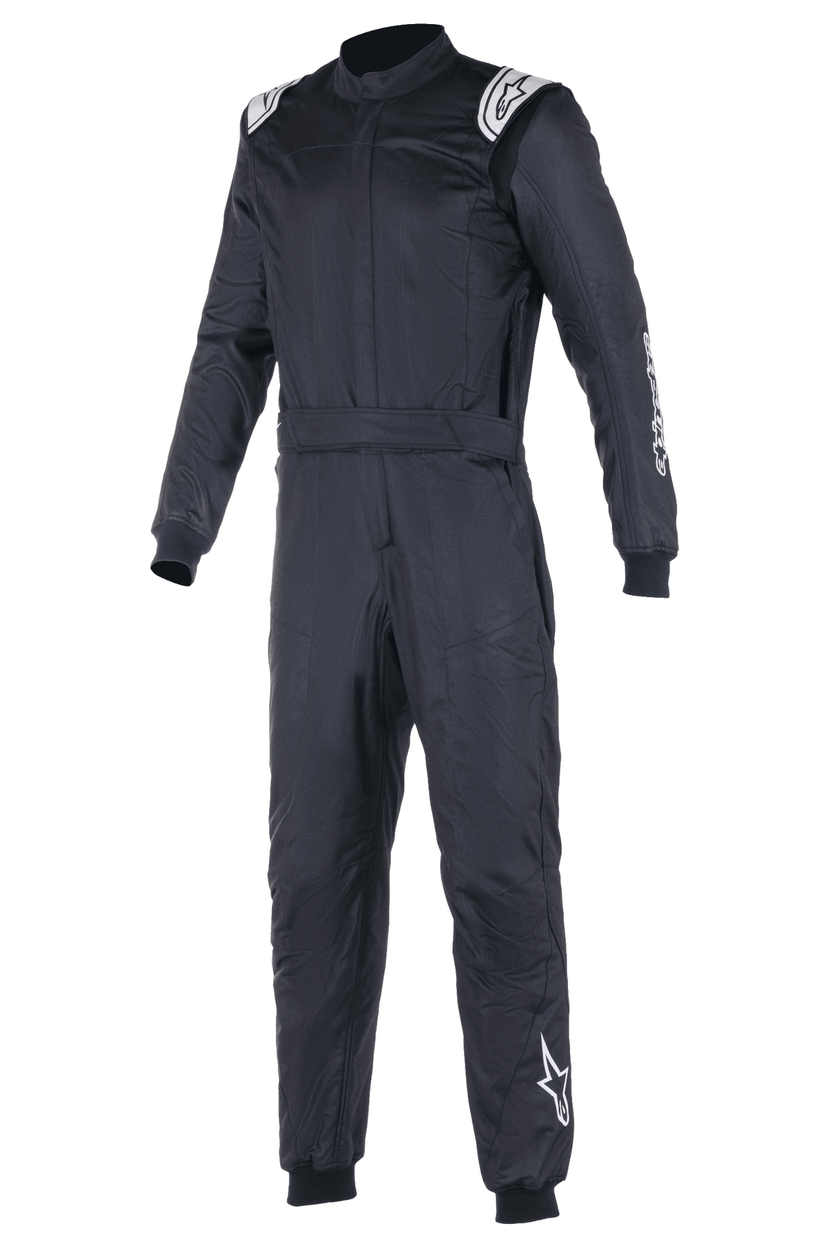 Alpinestars Atom FIA Suit, fato de corrida para automobilismo preto, design de peça única com logótipos Alpinestars brancos nos ombros e na perna esquerda, gola alta com punhos canelados e cinto, vestuário profissional de automobilismo e competição