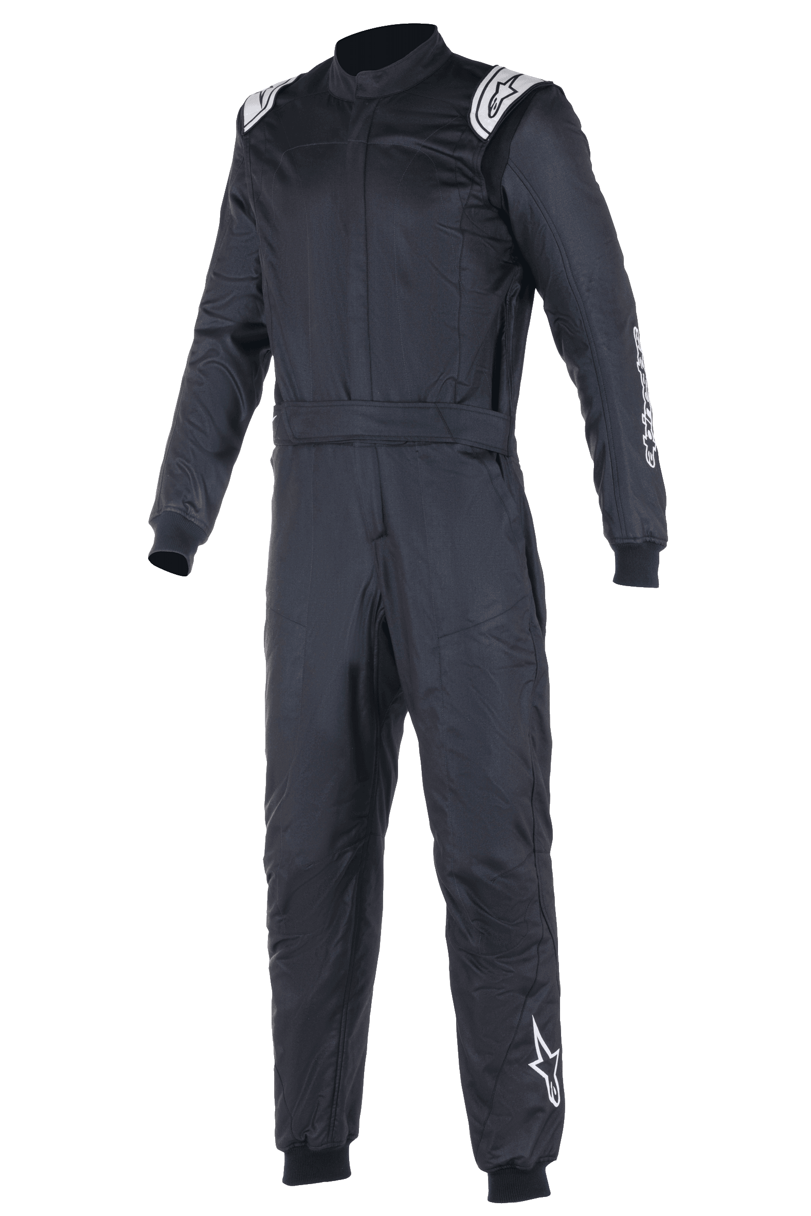Alpinestars Atom FIA Suit, fato de corrida para automobilismo preto, design de peça única com logótipos Alpinestars brancos nos ombros e na perna esquerda, gola alta com punhos canelados e cinto, vestuário profissional de automobilismo e competição