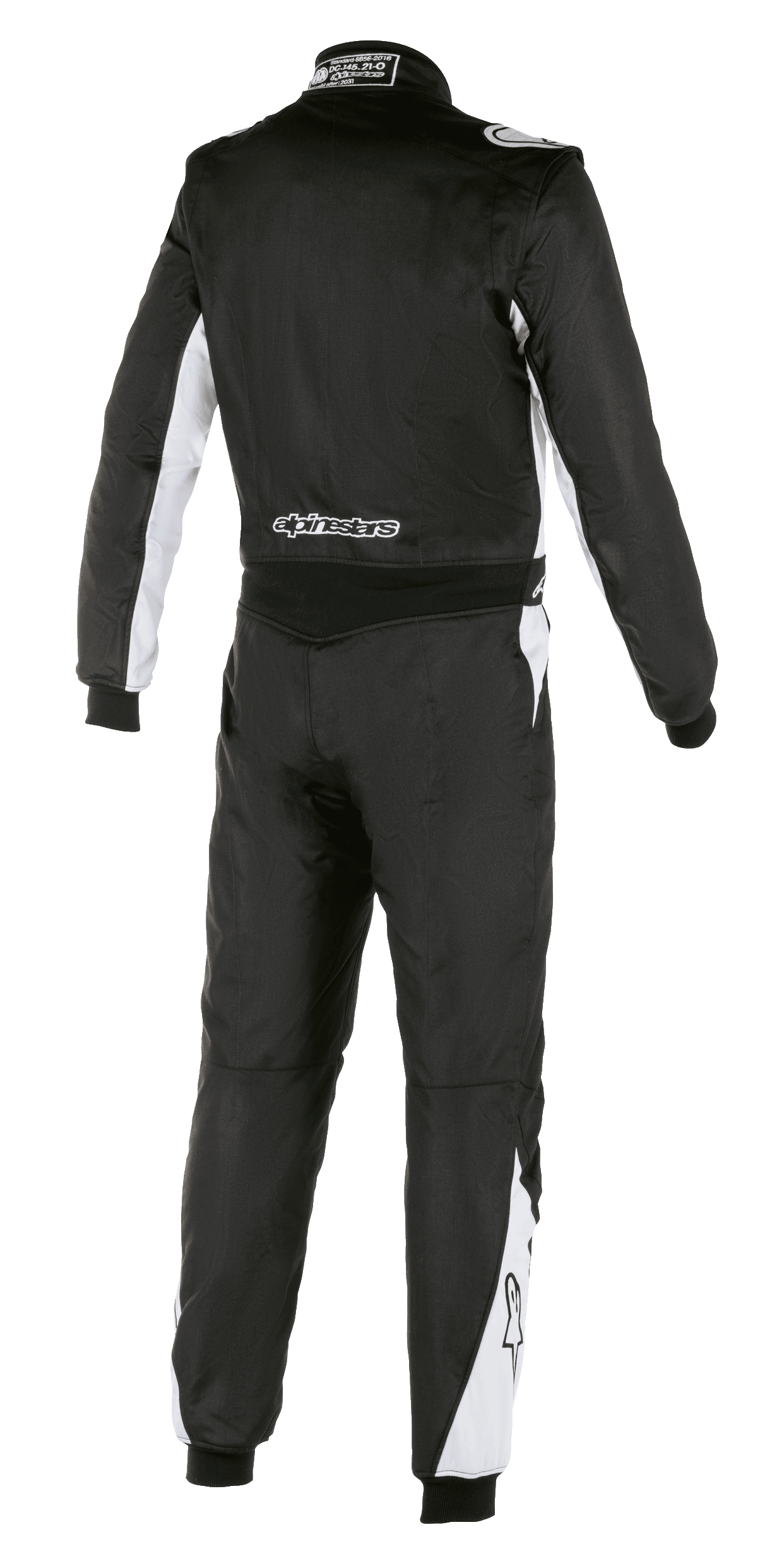 Macacão Alpinestars Atom FIA, macacão de automobilismo, preto e prateado, vista traseira, com detalhes brancos nas mangas e pernas, logótipo Alpinestars na parte inferior das costas, construção em aramida durável para desporto motorizado profissional
