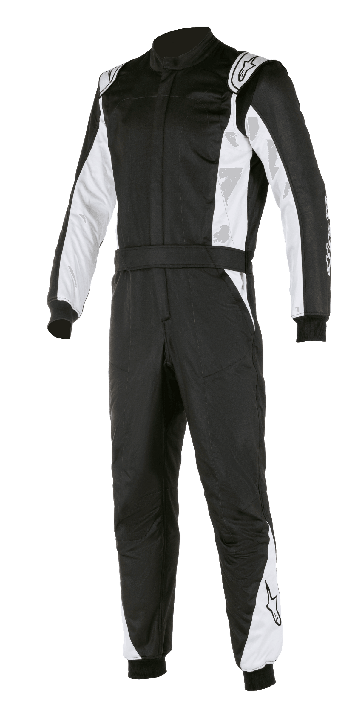Alpinestars Atom FIA Suit, Auto Racing Suit, Black and Silver, featuring white panels on the sleeves and legs, shoulder epaulettes, waist belt, and ribbed cuffs, professional FIA-certified motorsport design