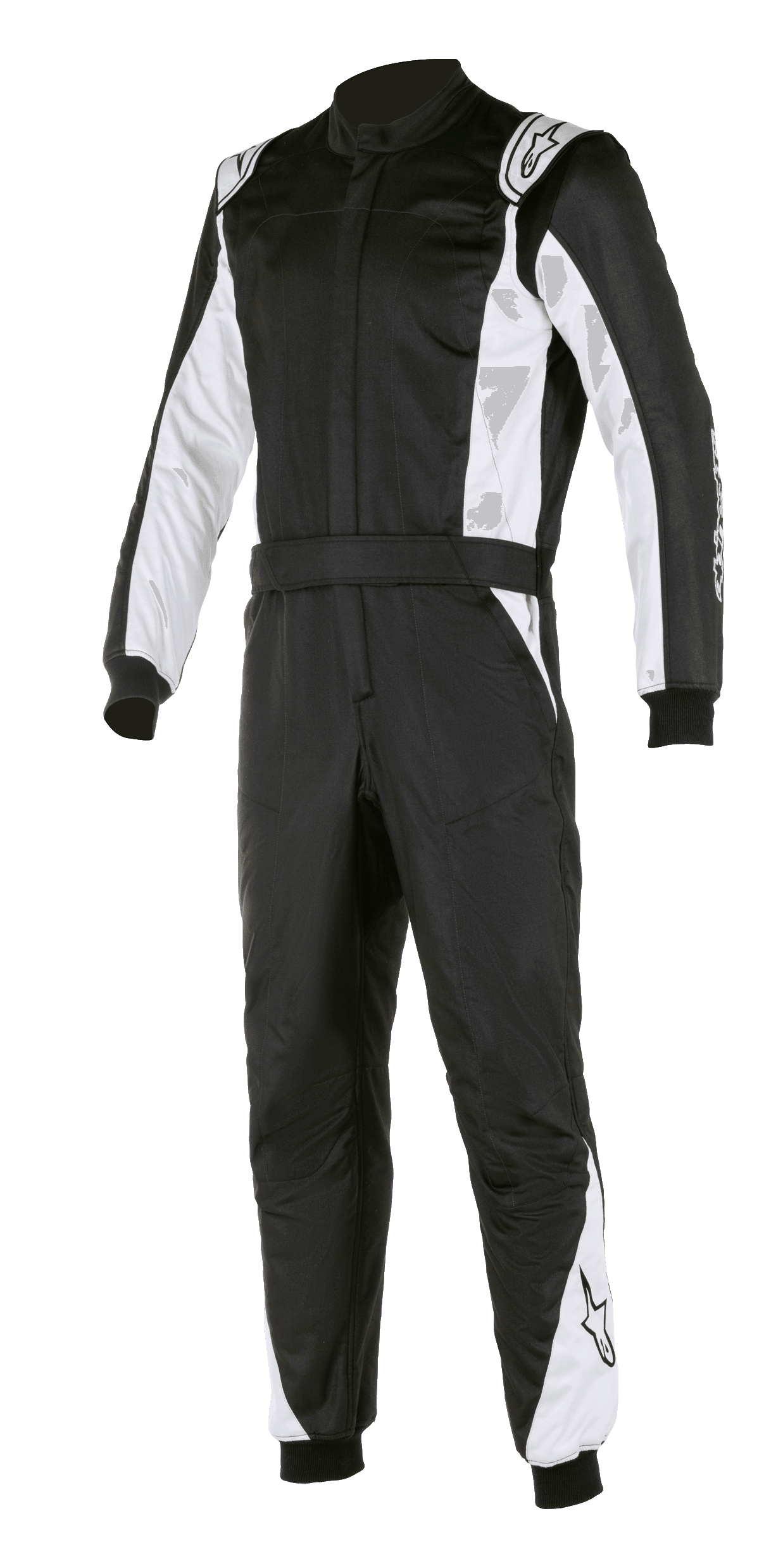 Alpinestars Atom FIA Suit, fato de corrida automóvel, preto e prateado, com painéis brancos nas mangas e pernas, dragonas nos ombros, cinto na cintura e punhos canelados, design de desporto motorizado profissional com certificação FIA