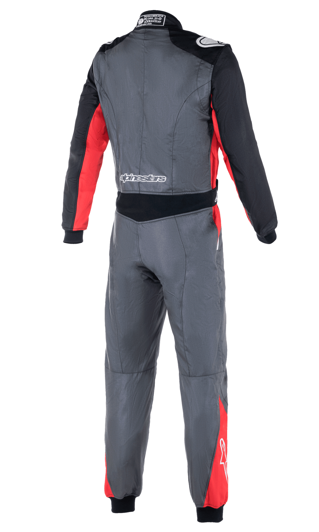 Macacão Alpinestars Atom FIA, macacão de automobilismo, antracite, vermelho e preto, vista traseira com painéis elásticos na cintura, dragonas nos ombros e logótipo Alpinestars na zona lombar e nos ombros
