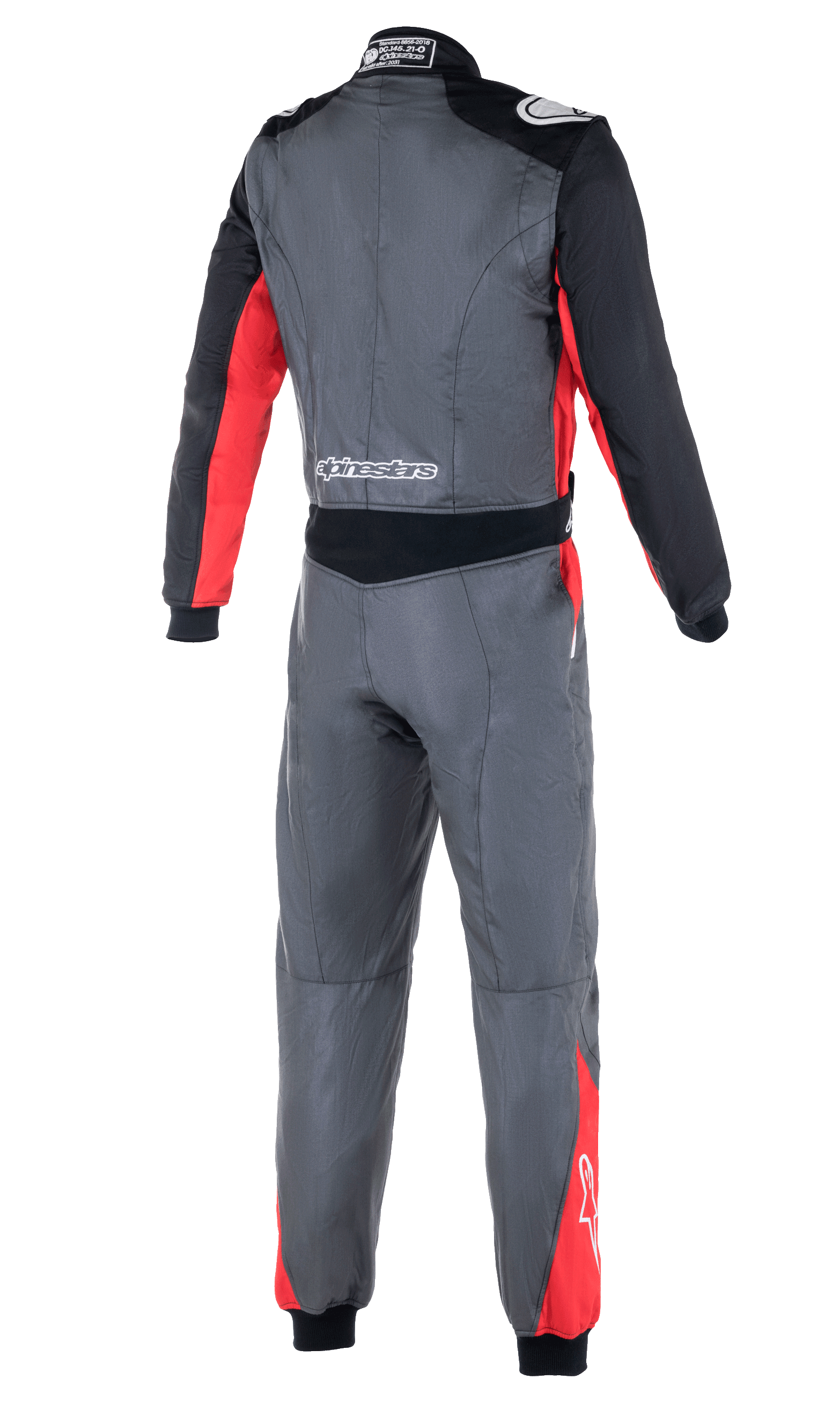 Macacão Alpinestars Atom FIA, macacão de automobilismo, antracite, vermelho e preto, vista traseira com painéis elásticos na cintura, dragonas nos ombros e logótipo Alpinestars na zona lombar e nos ombros