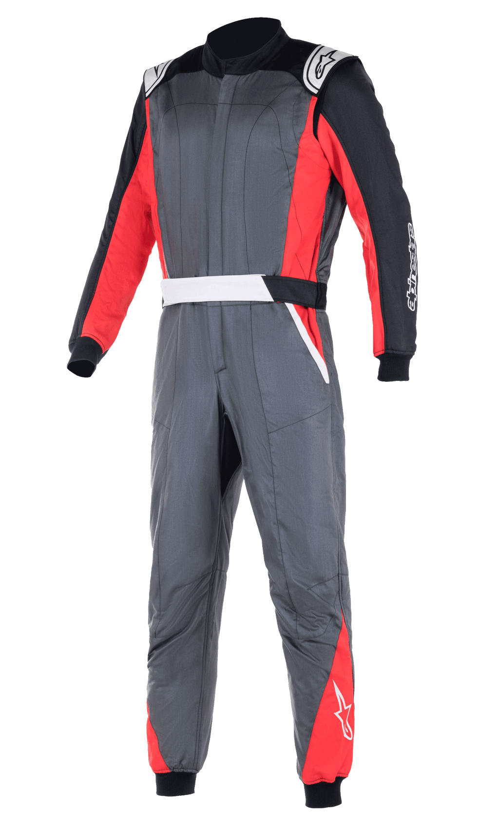 Alpinestars Atom FIA Suit, fato de corrida automóvel profissional, cinzento antracite com painéis vermelhos e pretos, dragonas brancas nos ombros e logótipo da marca, construção de duas camadas para proteção contra o calor e chamas