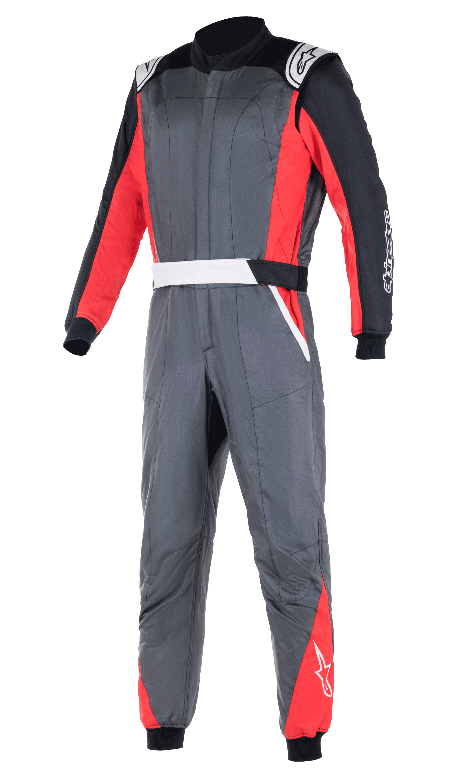 Alpinestars Atom FIA Suit, fato de corrida automóvel profissional, cinzento antracite com painéis vermelhos e pretos, dragonas brancas nos ombros e logótipo da marca, construção de duas camadas para proteção contra o calor e chamas