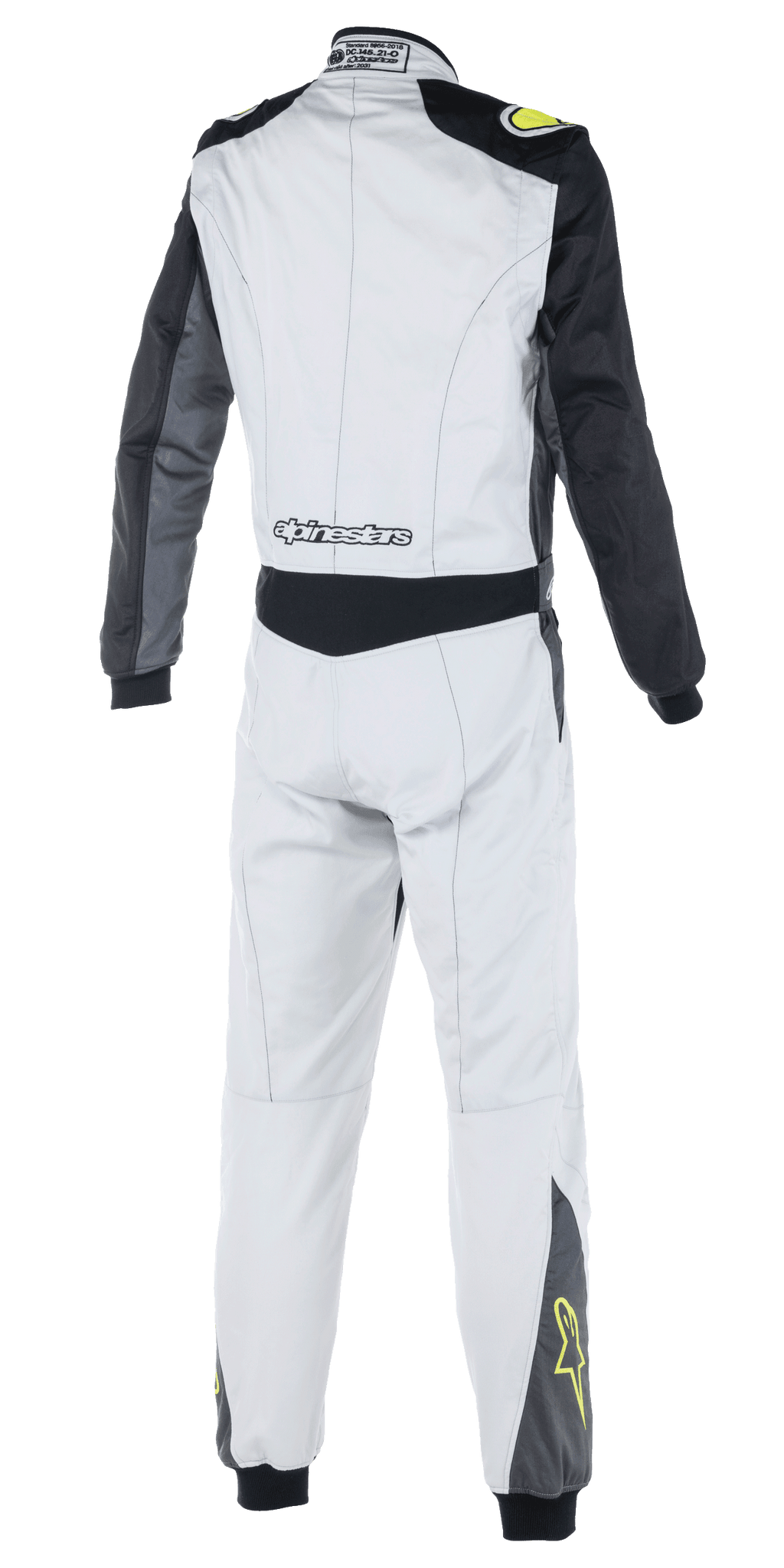 Alpinestars Atom FIA Suit, macacão de automobilismo, cinza, antracite e amarelo néon, vista traseira com mangas e painel da cintura pretos, logótipo Alpinestars na zona lombar, estrelas amarelas na parte inferior das pernas, vestuário de desporto motorizado com certificação FIA