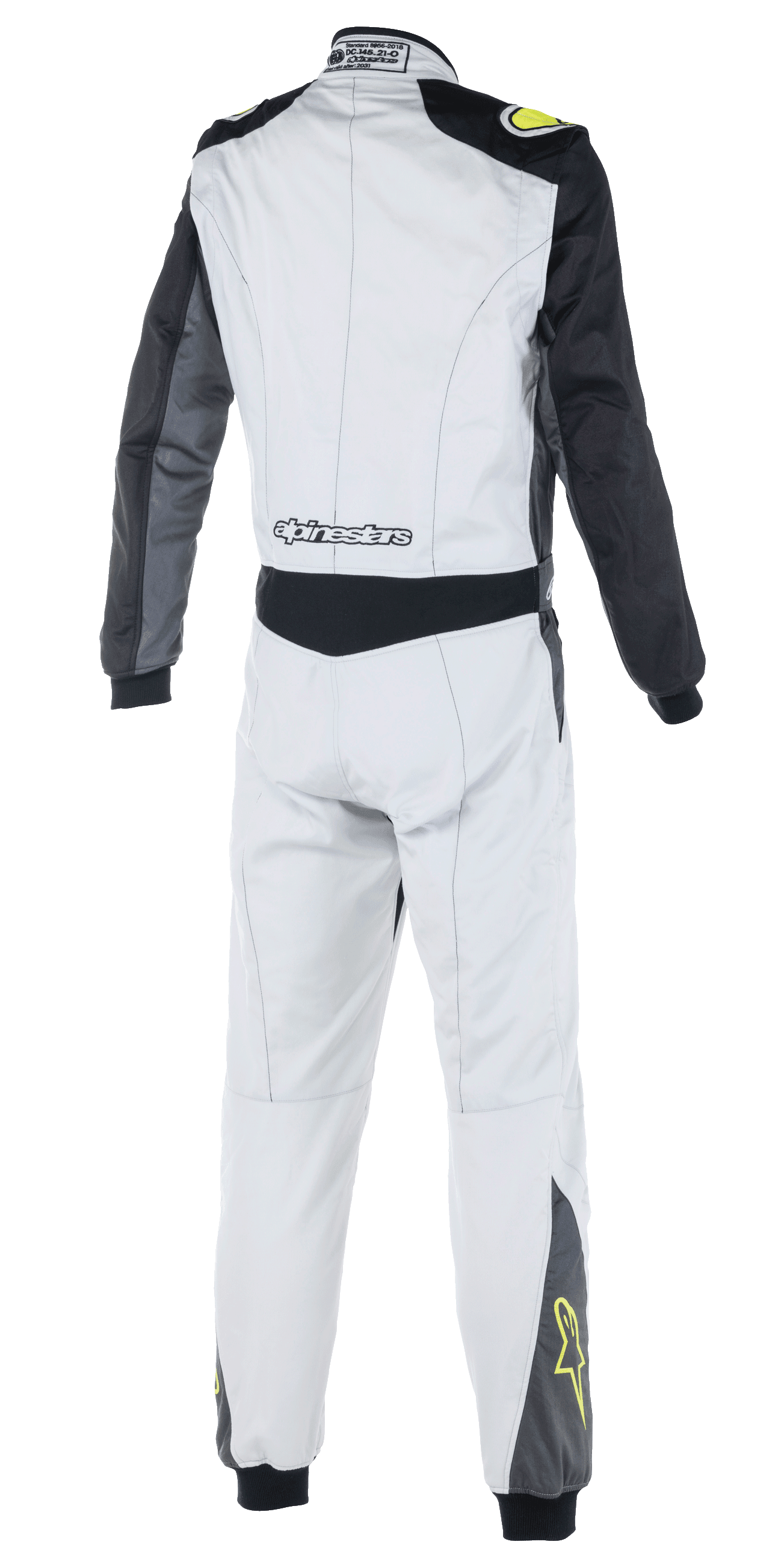 Alpinestars Atom FIA Suit, macacão de automobilismo, cinza, antracite e amarelo néon, vista traseira com mangas e painel da cintura pretos, logótipo Alpinestars na zona lombar, estrelas amarelas na parte inferior das pernas, vestuário de desporto motorizado com certificação FIA