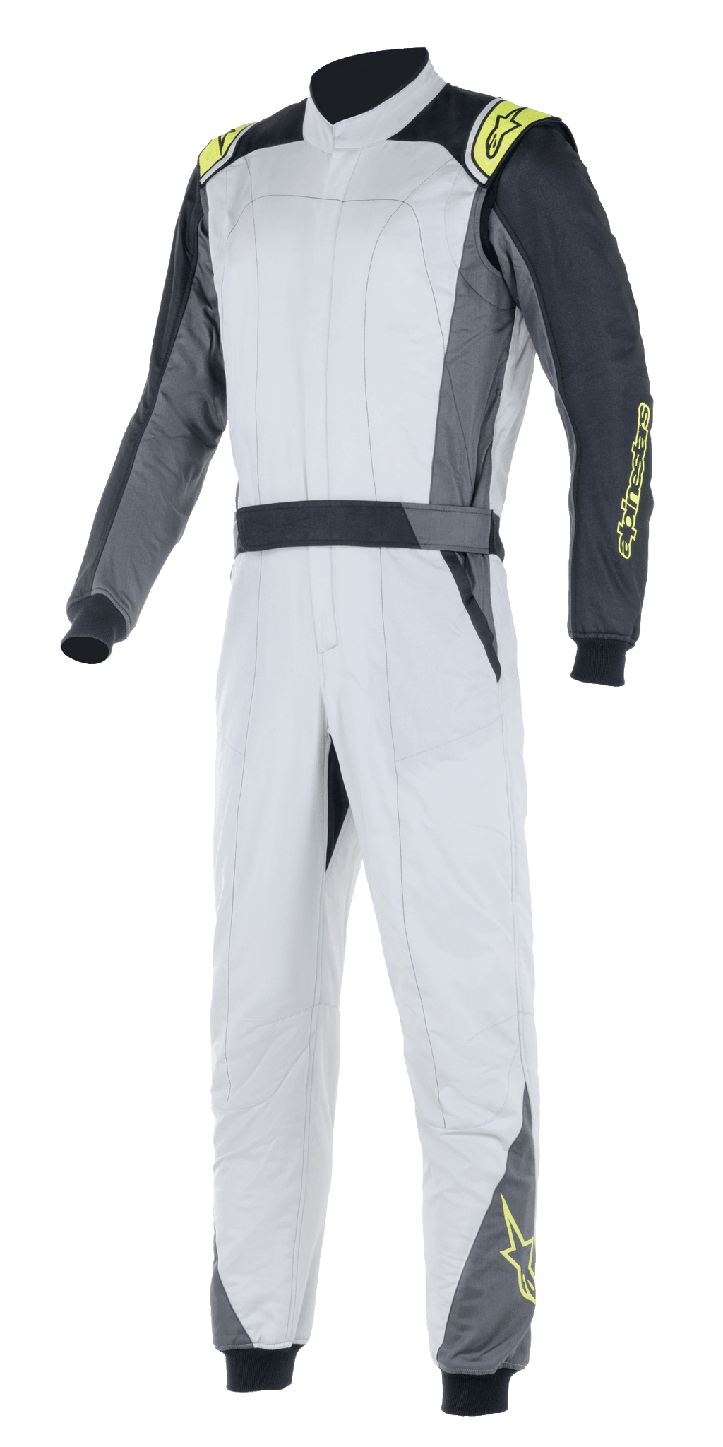 Fato Alpinestars Atom FIA, fato de automobilismo, prateado e antracite com detalhes em amarelo néon, design de peça única com gola alta e punhos elásticos, vestuário de proteção profissional para automobilismo