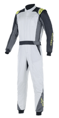 Fato Alpinestars Atom FIA, fato de automobilismo, prateado e antracite com detalhes em amarelo néon, design de peça única com gola alta e punhos elásticos, vestuário de proteção profissional para automobilismo