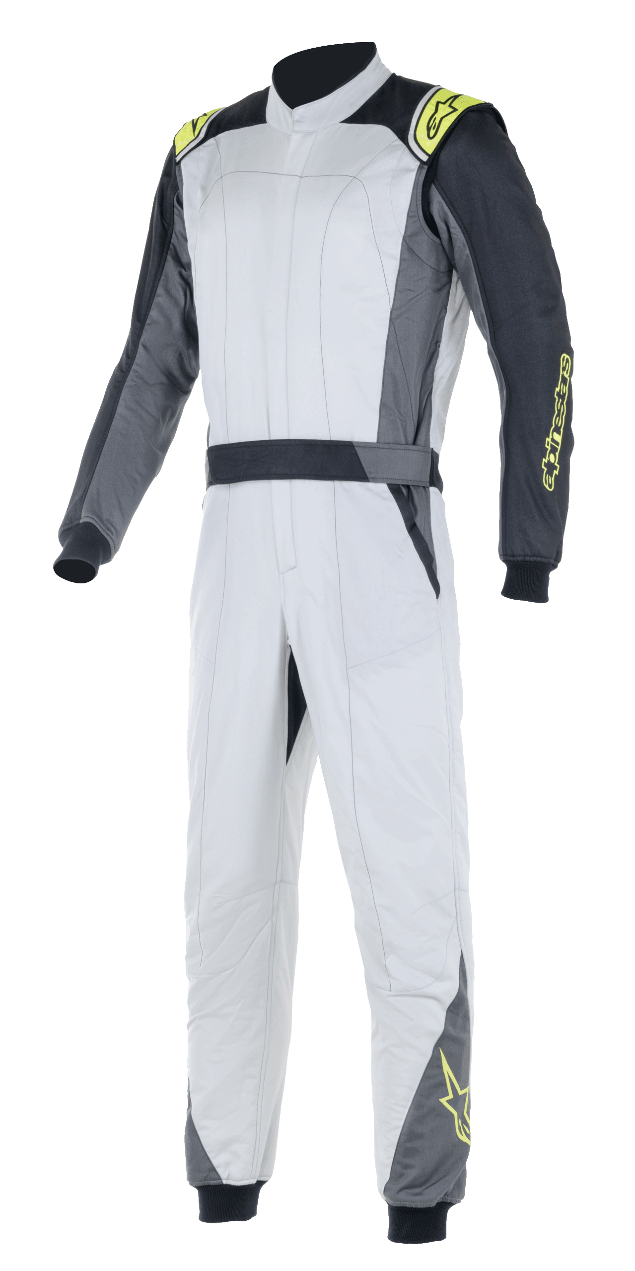 Fato Alpinestars Atom FIA, fato de automobilismo, prateado e antracite com detalhes em amarelo néon, design de peça única com gola alta e punhos elásticos, vestuário de proteção profissional para automobilismo