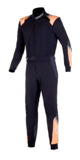 Alpinestars KMX-5 V2 Suit, One-Piece Karting Suit, Black with Orange Fluo and White accents, front view featuring orange shoulder epaulettes, forearm panels, and lower leg details, high collar with logo, professional motorsport protective gear