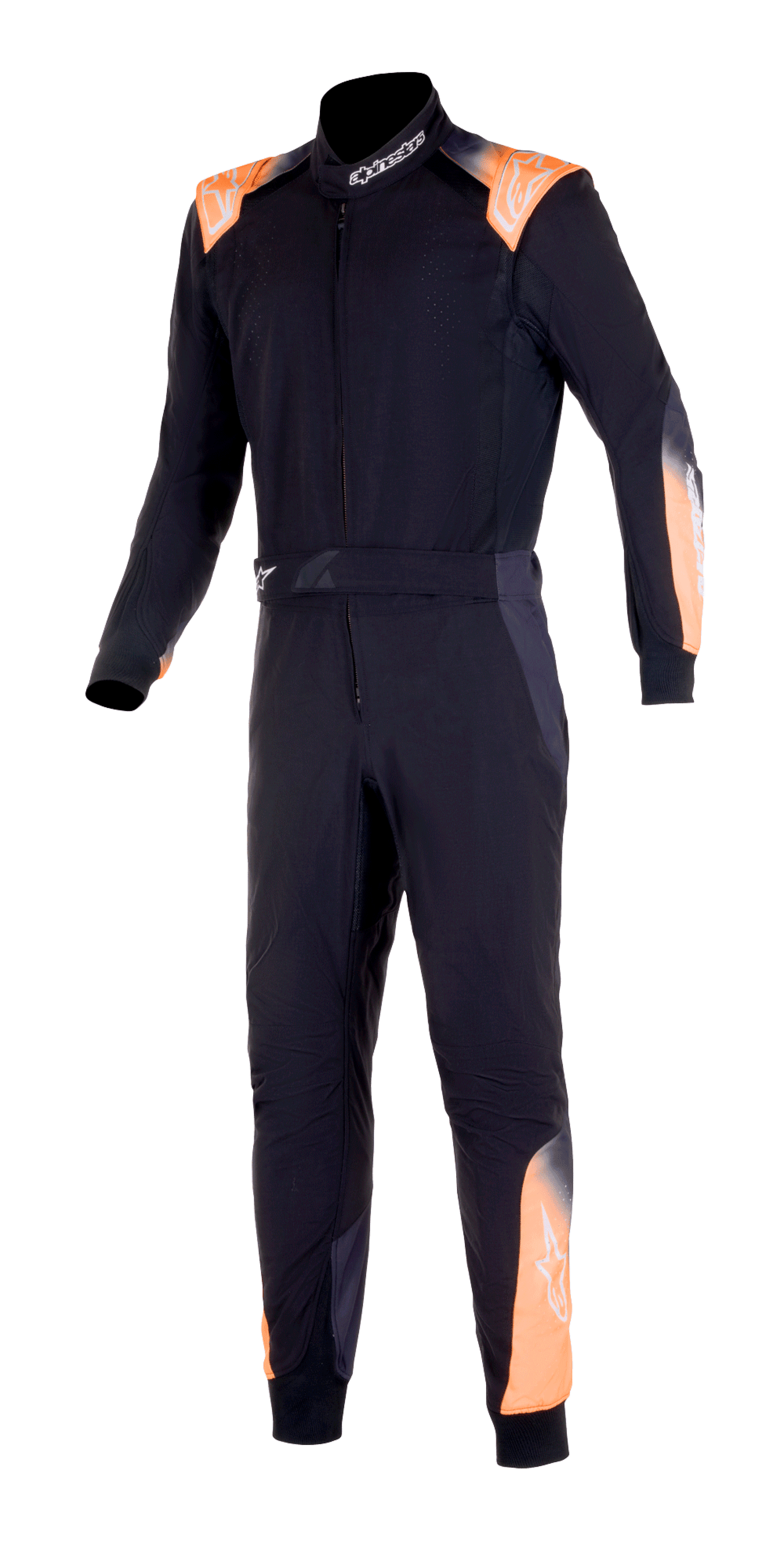 Alpinestars KMX-5 V2 Suit, One-Piece Karting Suit, Black with Orange Fluo and White accents, front view featuring orange shoulder epaulettes, forearm panels, and lower leg details, high collar with logo, professional motorsport protective gear
