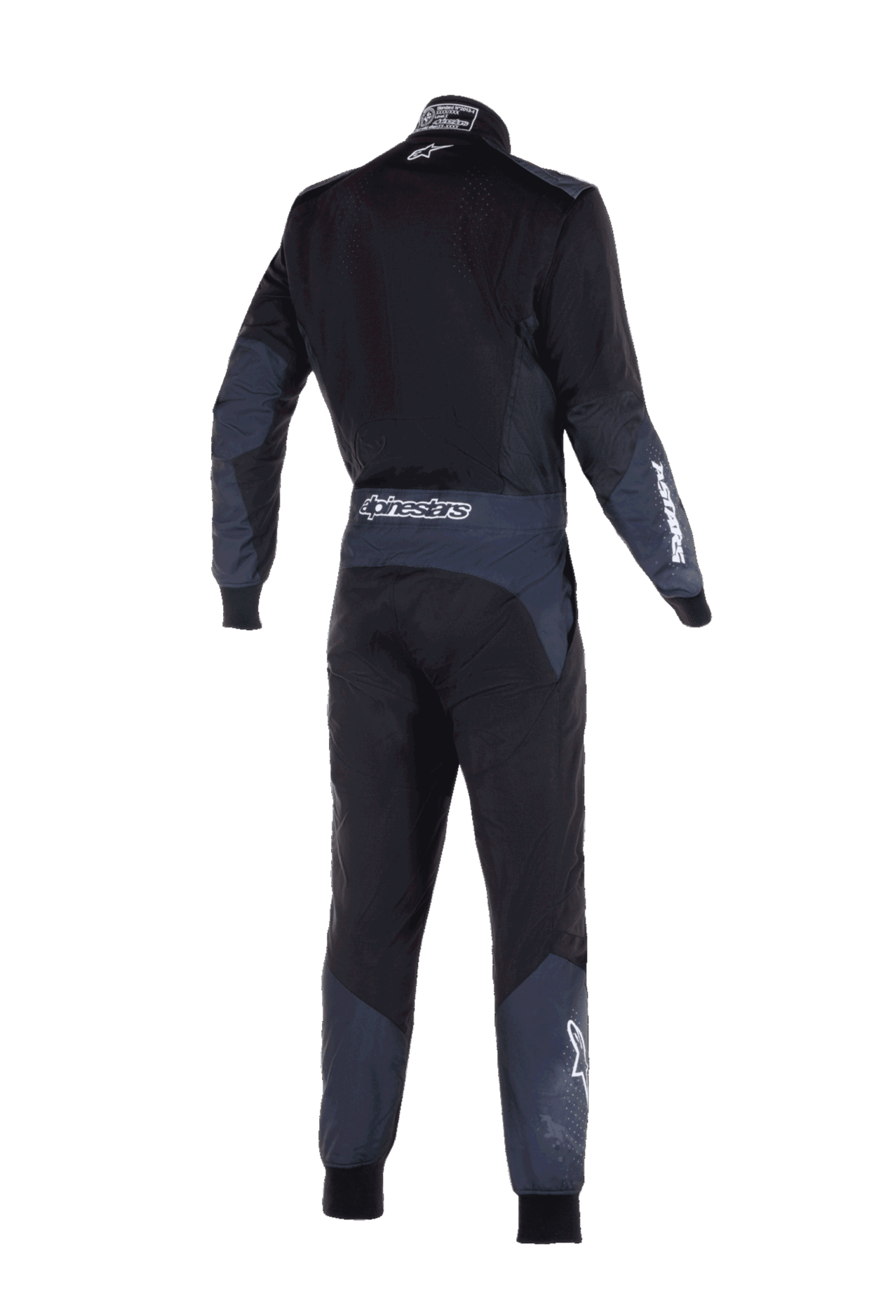 Macacão Alpinestars KMX-5 V3, fato de karting, Preto e Dark Shadow, vista traseira mostrando a marca Alpinestars em branco na cintura e na manga, painéis técnicos em cinzento escuro nos braços e pernas, design de performance elegante.