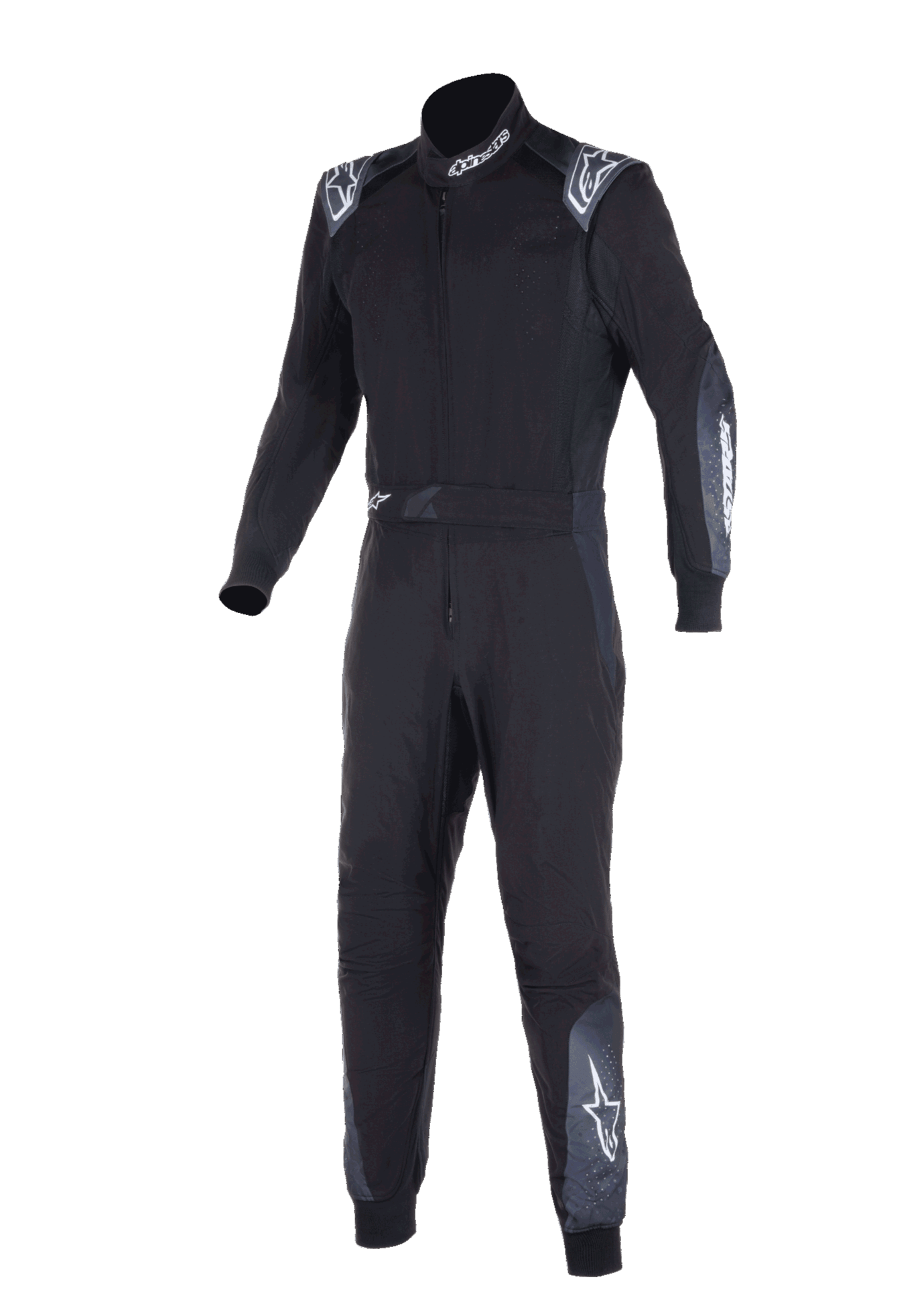 Macacão Alpinestars KMX-5 V3, fato de karting, preto e Dark Shadow, macacão de corrida de uma peça com logótipos Alpinestars brancos nos ombros, gola e pernas, construção técnica de camada dupla para karting profissional