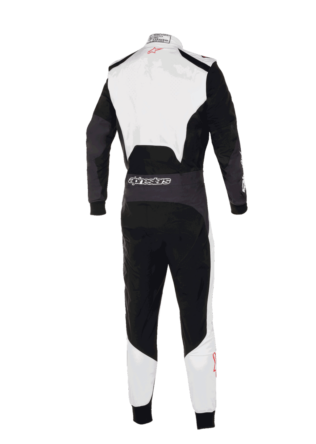 Macacão Alpinestars KMX-5 V3, vista traseira de um macacão de karting profissional, branco, preto e vermelho vivo, com a parte superior das costas e a parte inferior das pernas em branco e painéis principais pretos, logótipo Alpinestars na zona lombar, design ergonómico para competição