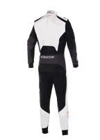 Macacão Alpinestars KMX-5 V3, vista traseira de um macacão de karting profissional, branco, preto e vermelho vivo, com a parte superior das costas e a parte inferior das pernas em branco e painéis principais pretos, logótipo Alpinestars na zona lombar, design ergonómico para competição