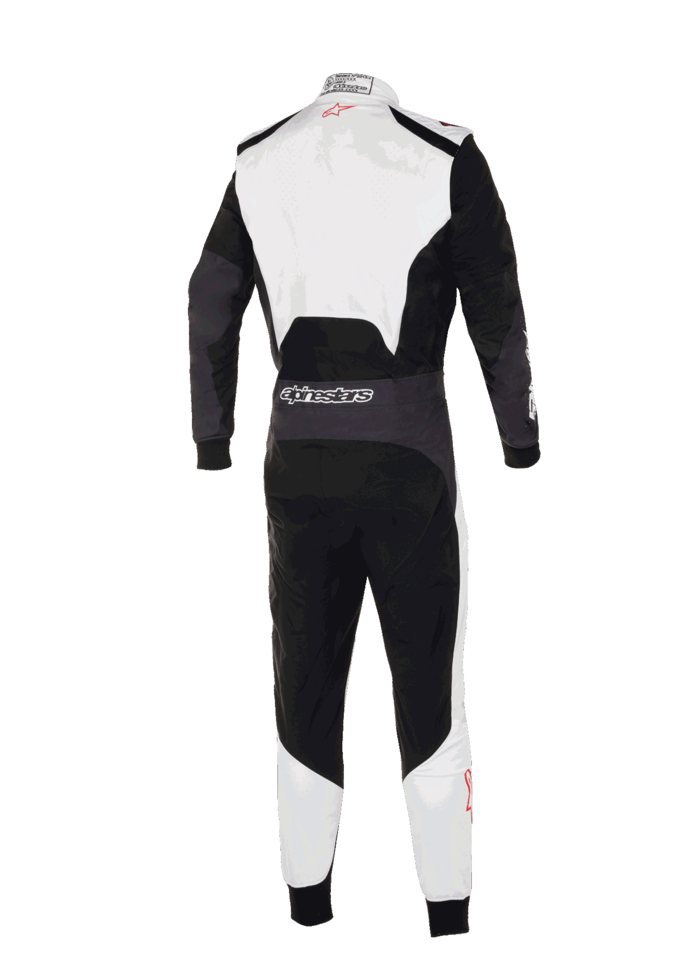 Macacão Alpinestars KMX-5 V3, vista traseira de um macacão de karting profissional, branco, preto e vermelho vivo, com a parte superior das costas e a parte inferior das pernas em branco e painéis principais pretos, logótipo Alpinestars na zona lombar, design ergonómico para competição