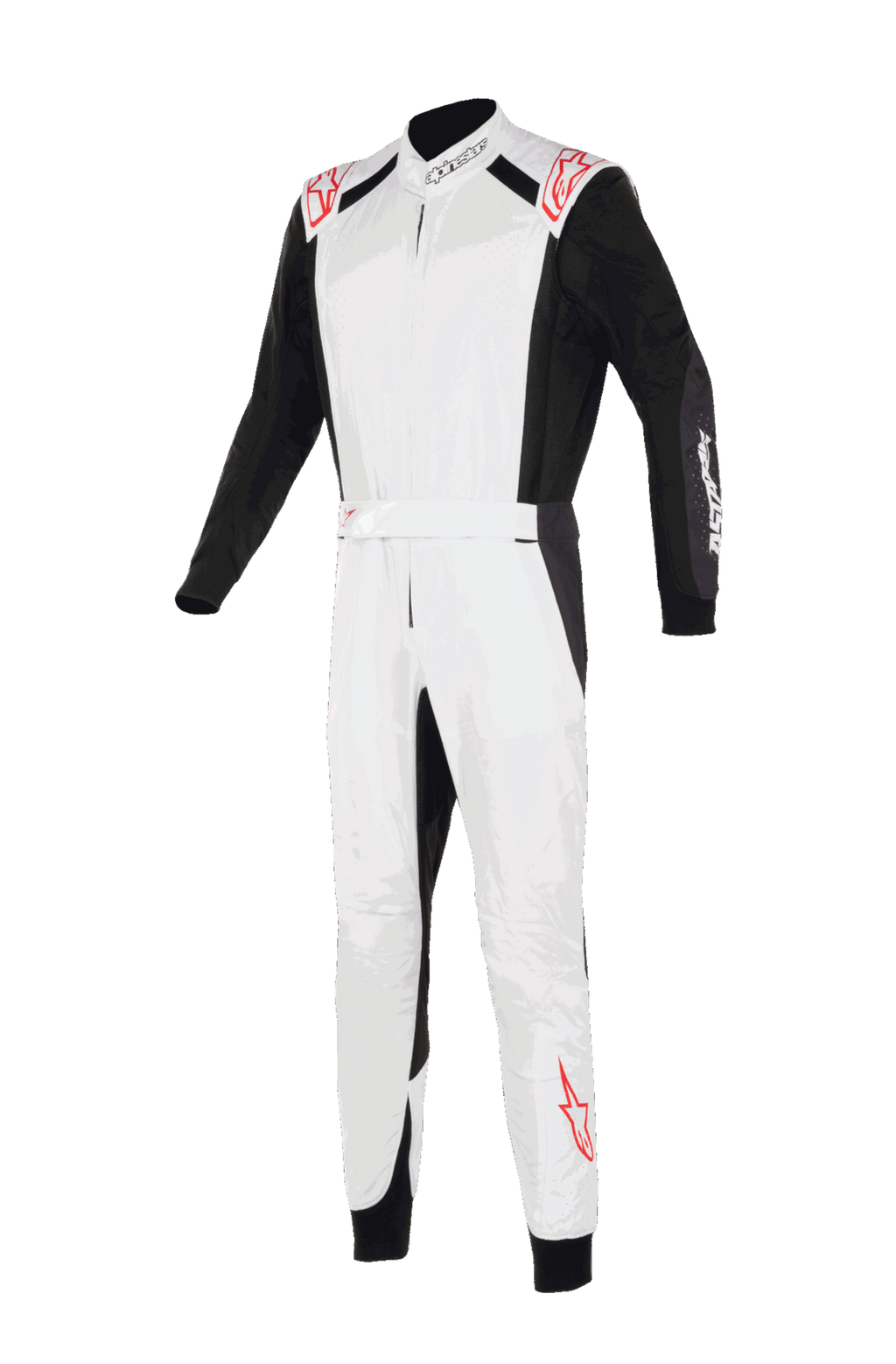 Macacão Alpinestars KMX-5 V3, fato de karting, branco, preto e vermelho brilhante, vista frontal, com peito e pernas brancos, mangas e painéis laterais pretos, logótipos de estrela vermelhos nos ombros e na zona inferior da perna, design de competição profissional para karting.