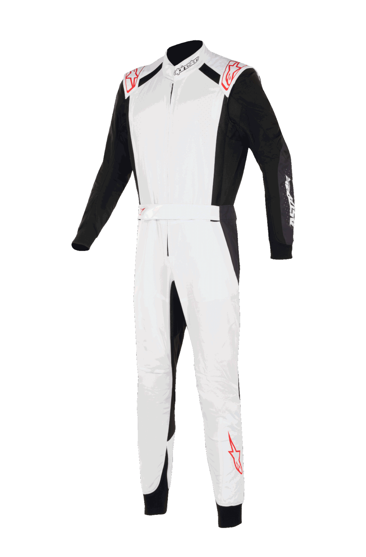 Macacão Alpinestars KMX-5 V3, fato de karting, branco, preto e vermelho brilhante, vista frontal, com peito e pernas brancos, mangas e painéis laterais pretos, logótipos de estrela vermelhos nos ombros e na zona inferior da perna, design de competição profissional para karting.