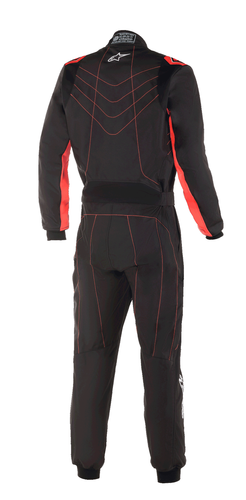 Fato Alpinestars KMX-9 V3, fato de karting, preto e vermelho fluorescente, vista traseira com padrões de costura vermelha e logótipo Astars branco na gola, vestuário profissional de desporto motorizado