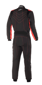 Fato Alpinestars KMX-9 V3, fato de karting, preto e vermelho fluorescente, vista traseira com padrões de costura vermelha e logótipo Astars branco na gola, vestuário profissional de desporto motorizado